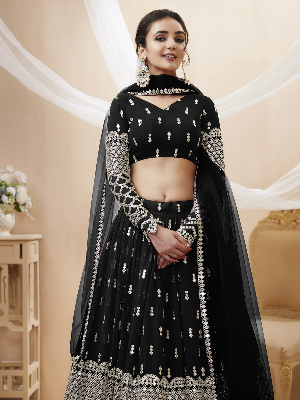 Black Georgette Sequins Zari Embroidered Lehenga Choli Set