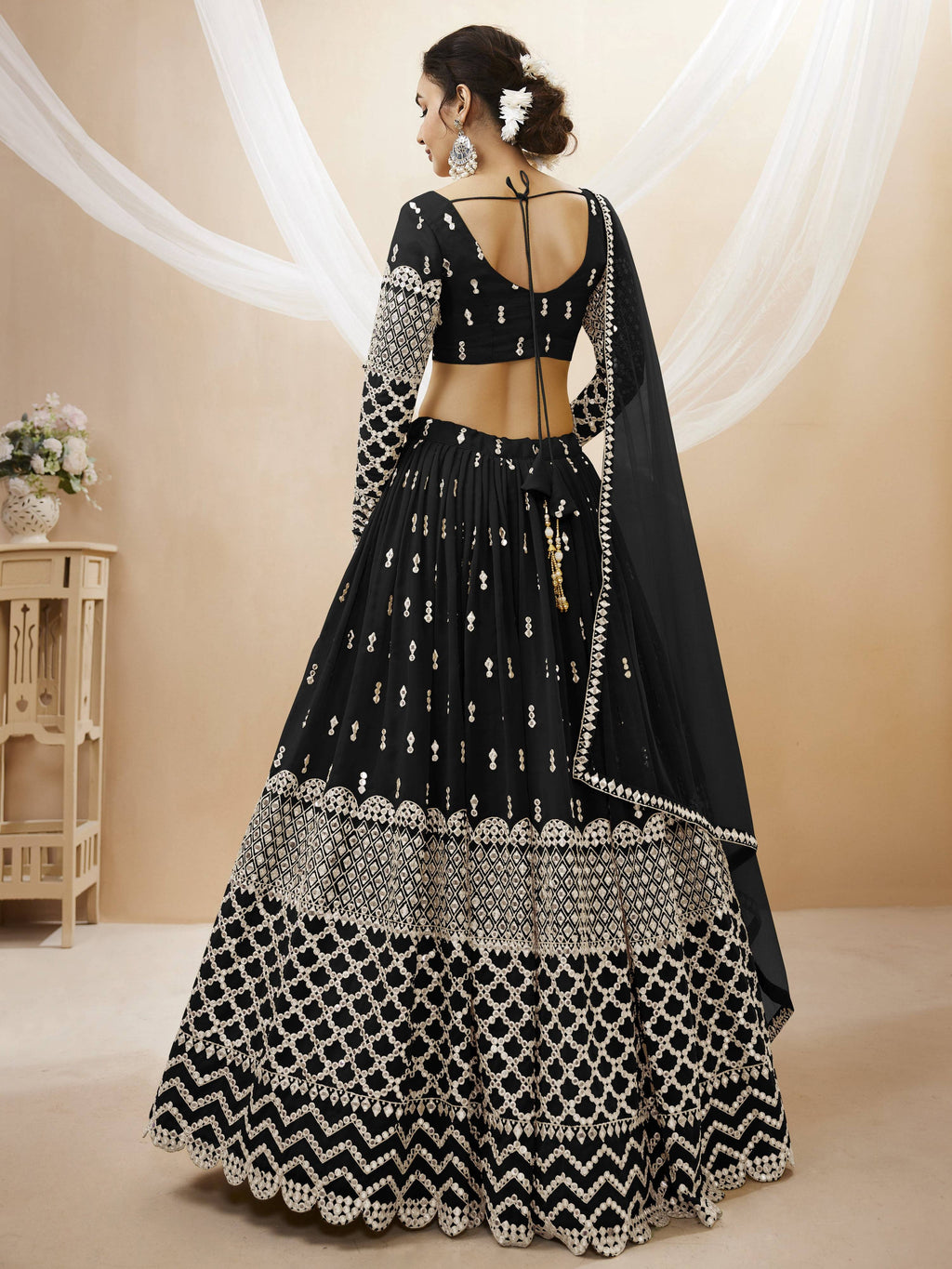 Black Georgette Sequins Zari Embroidered Lehenga Choli Set