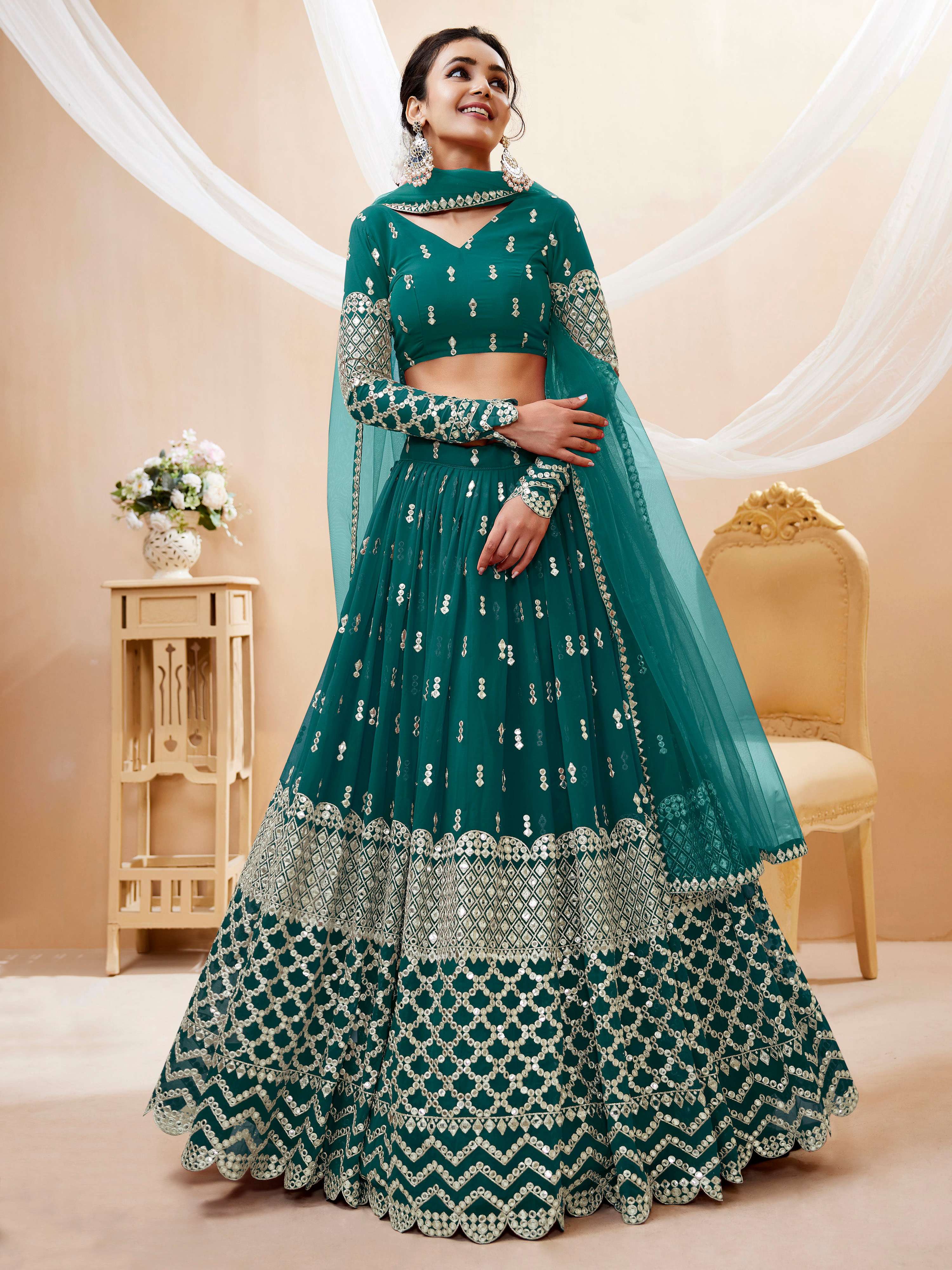 Teal Blue Georgette Sequins and Zari Embroidered Lehenga Choli Set