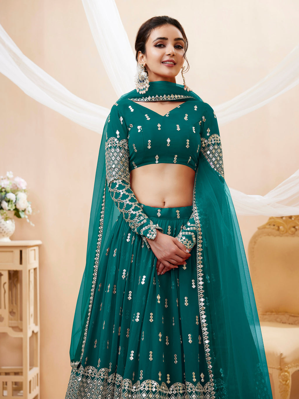 Teal Blue Georgette Sequins and Zari Embroidered Lehenga Choli Set