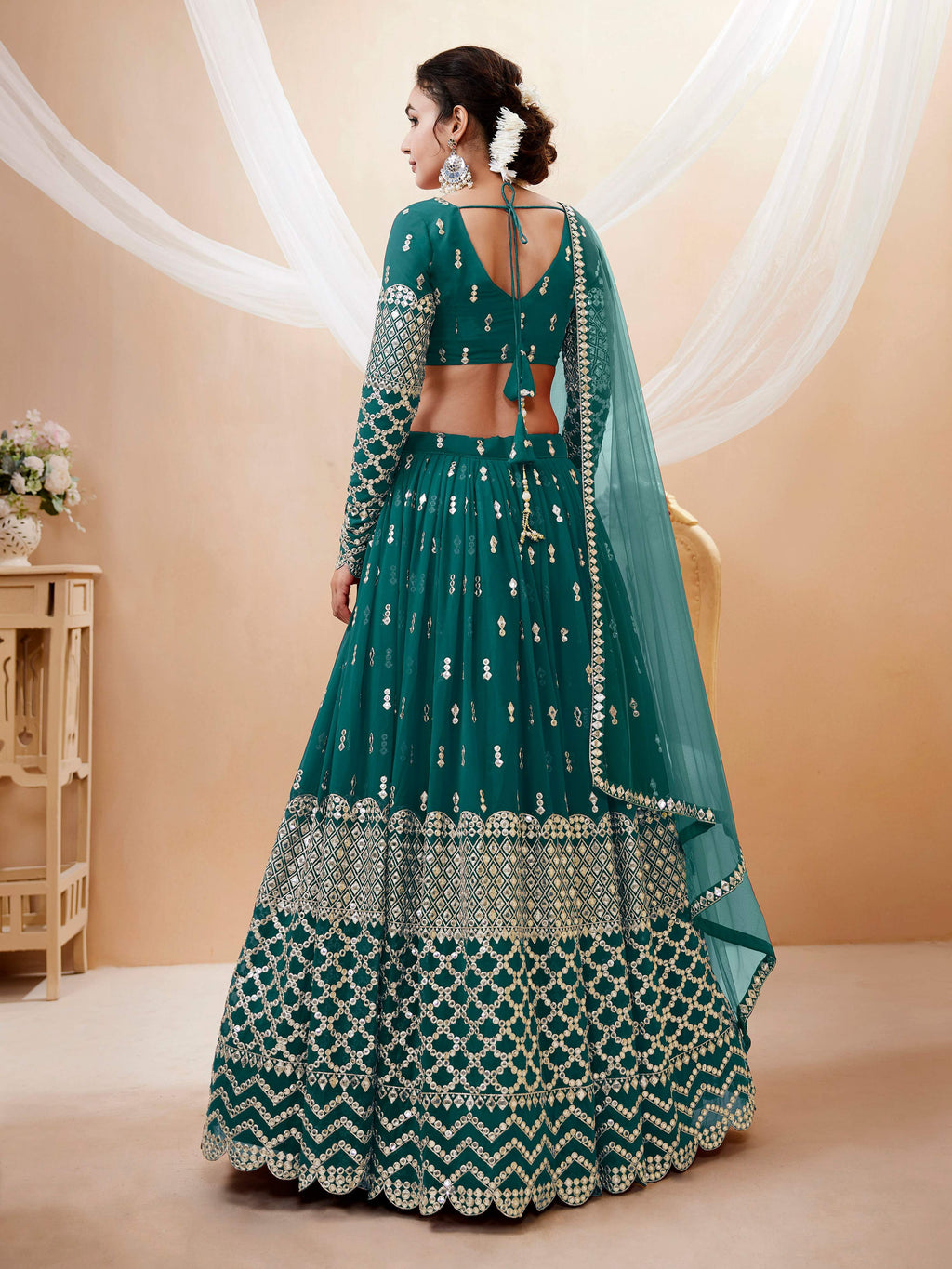 Teal Blue Georgette Sequins and Zari Embroidered Lehenga Choli Set
