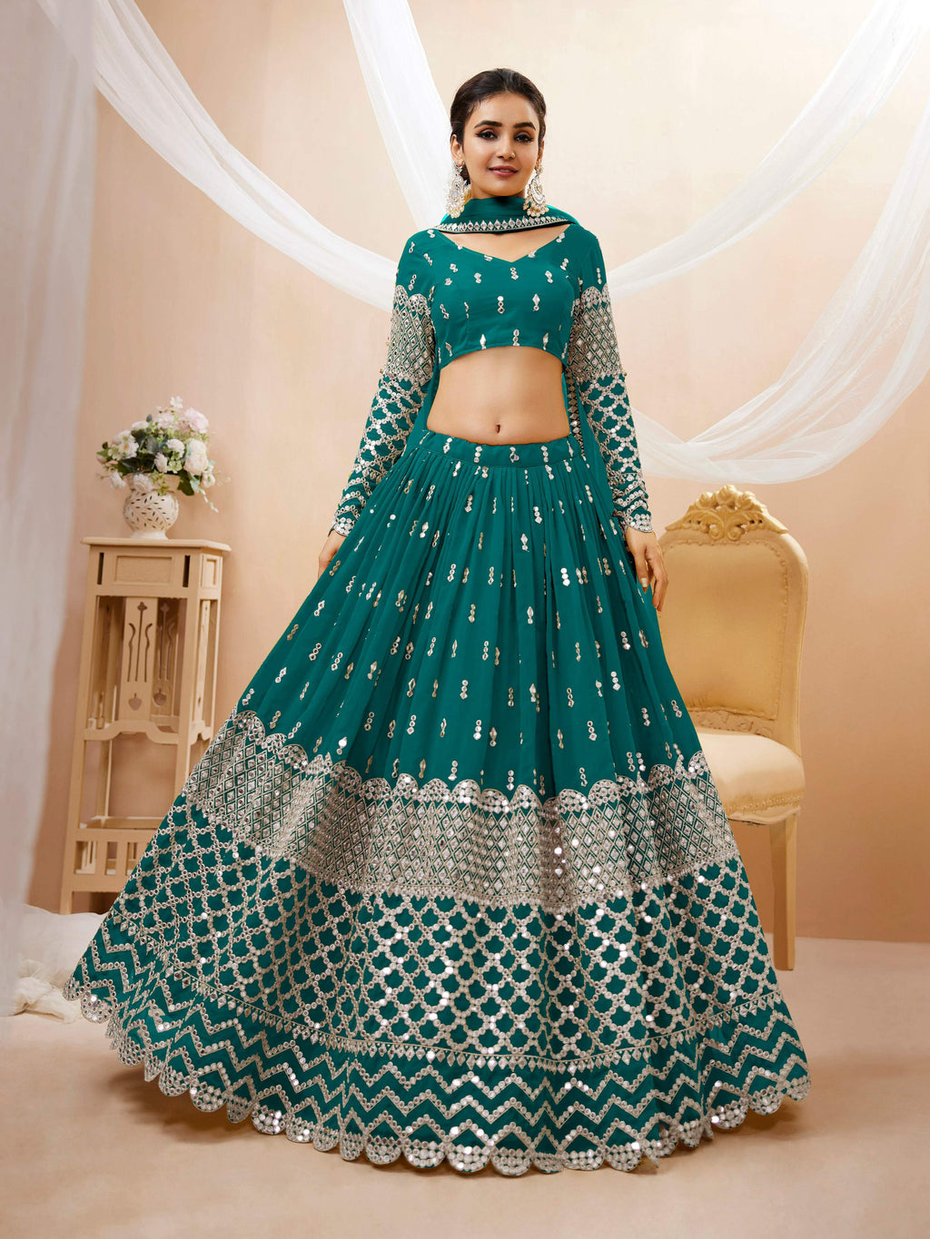 Teal Blue Georgette lehenga choli with heavy sequins and zari embroidery for weddings