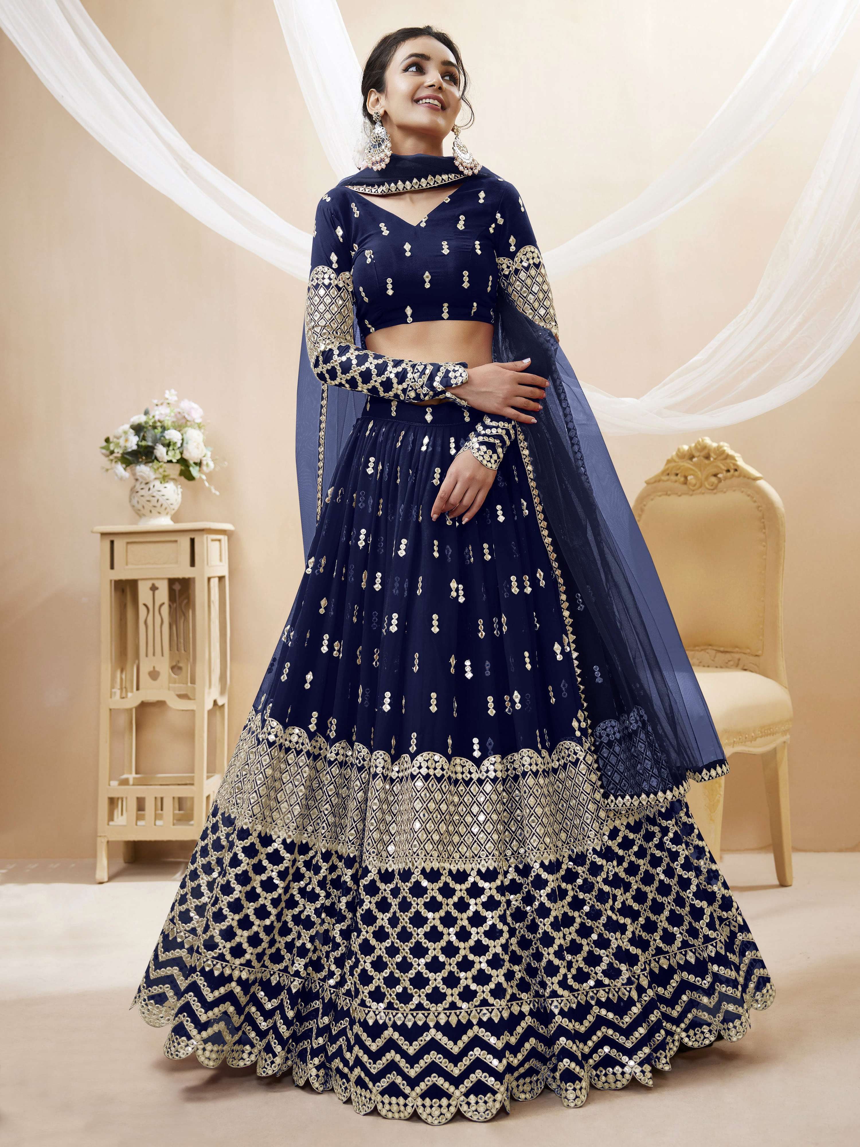 Navy Blue Georgette Lehenga Choli with Zari Sequin Work