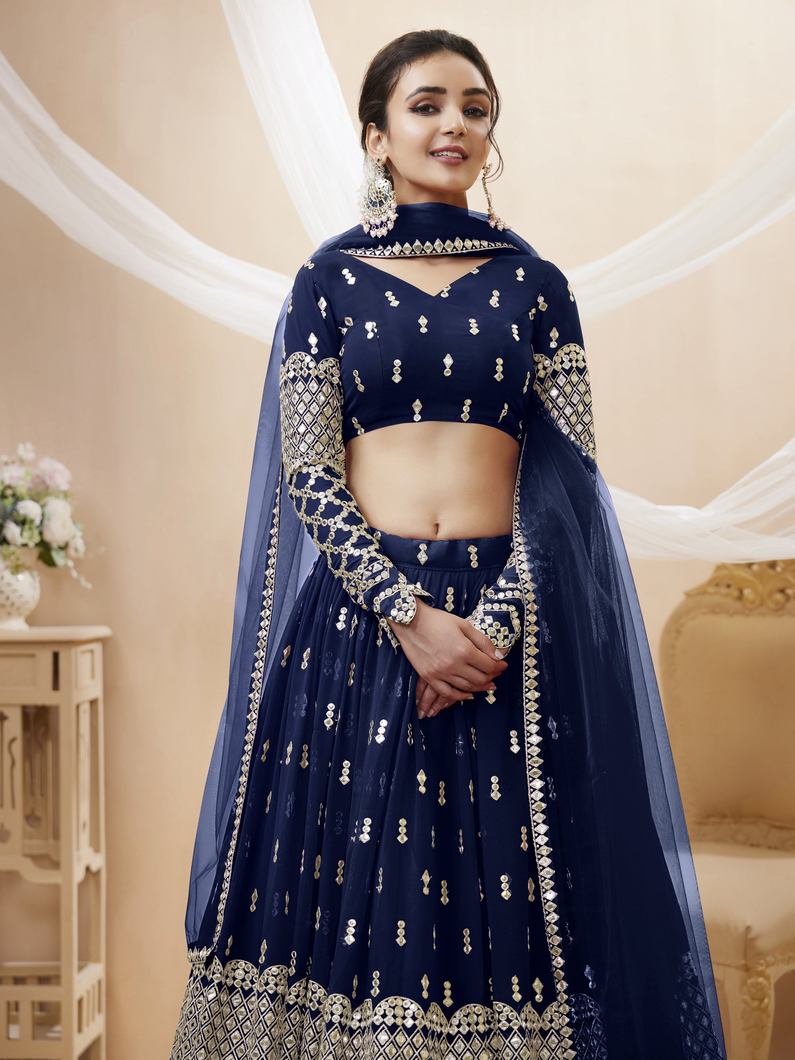 Navy Blue Georgette Lehenga Choli with Zari Sequin Work