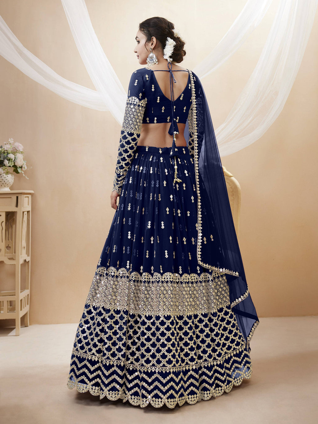 Navy Blue Georgette Lehenga Choli with Zari Sequin Work
