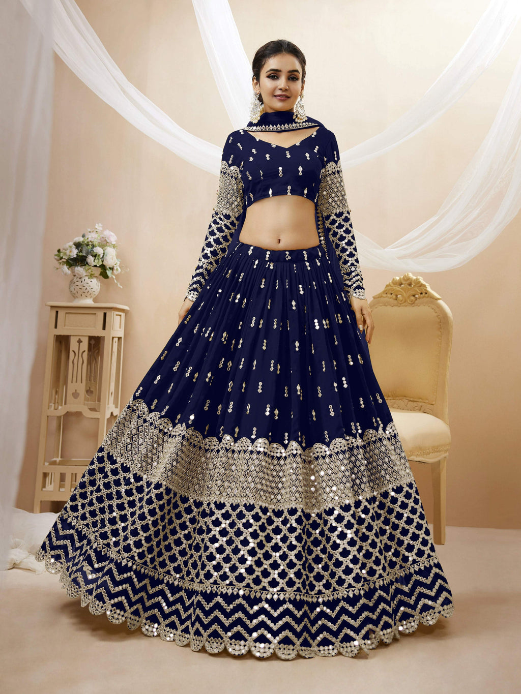 Navy blue georgette lehenga choli with elegant zari and sequin embroidery