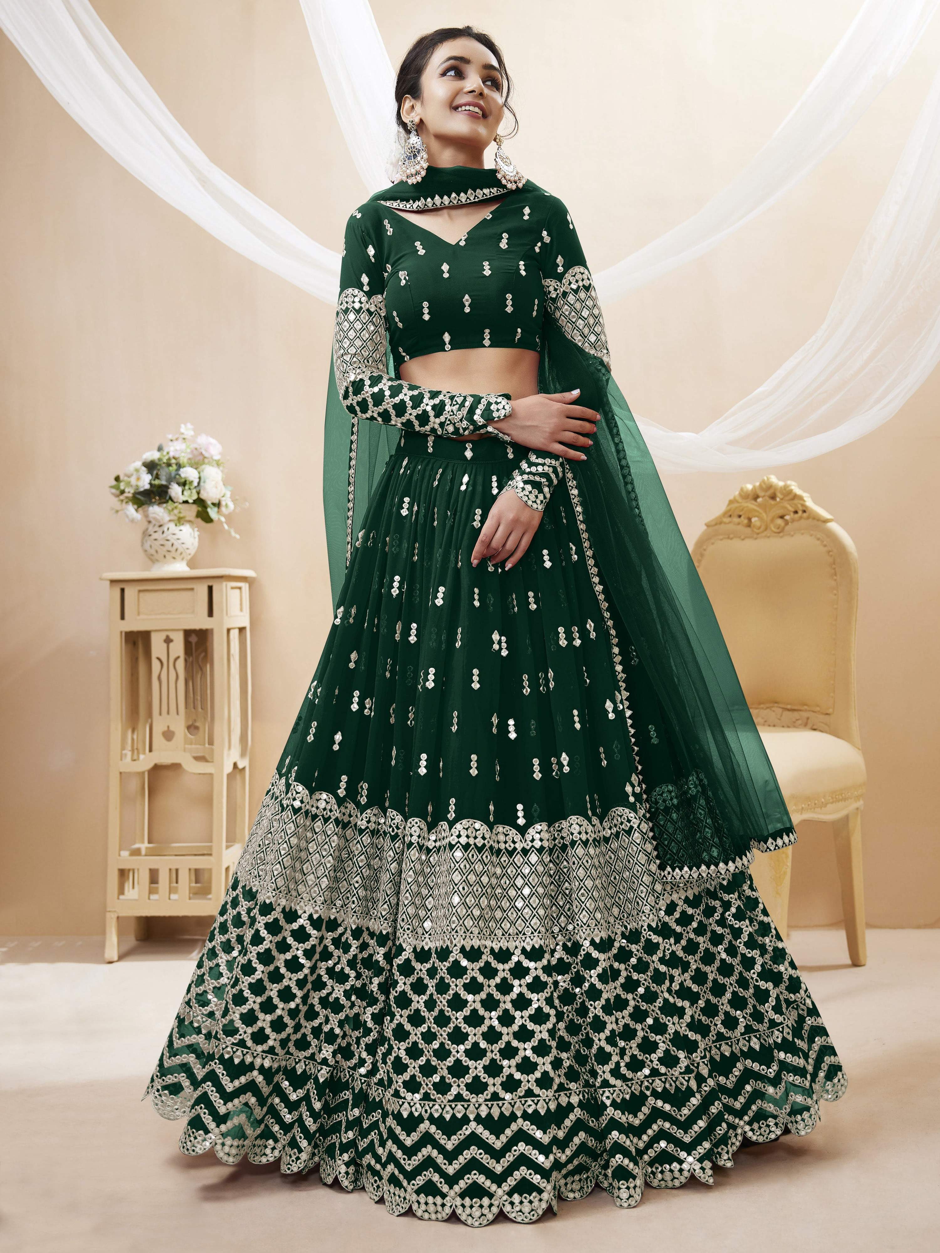 Green Georgette Sequins & Zari Embroidered Lehenga Choli