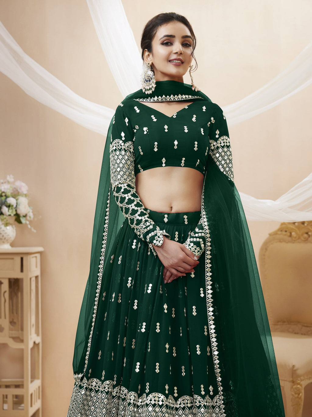 Green Georgette Sequins & Zari Embroidered Lehenga Choli