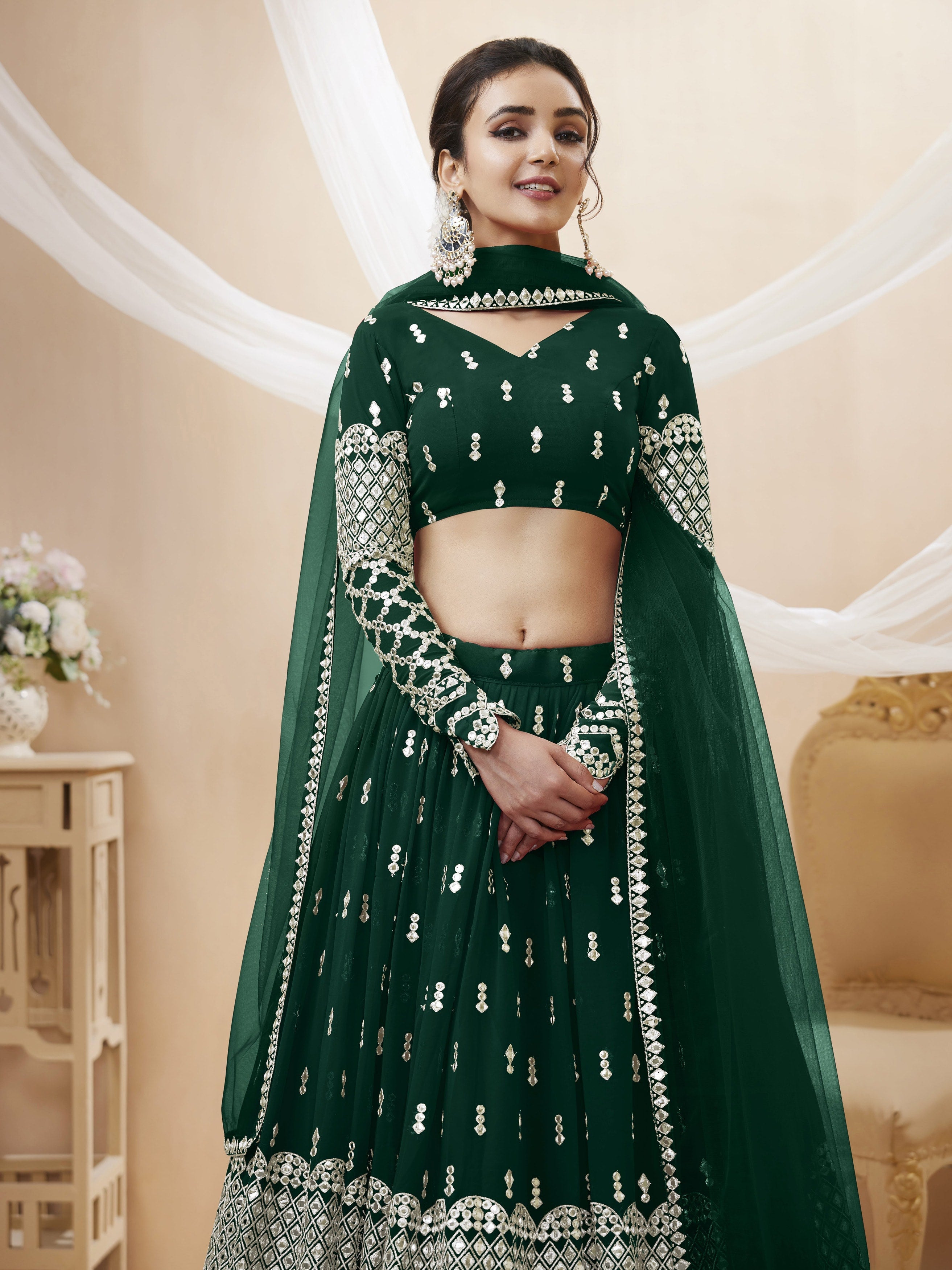 Green Georgette Sequins & Zari Embroidered Lehenga Choli