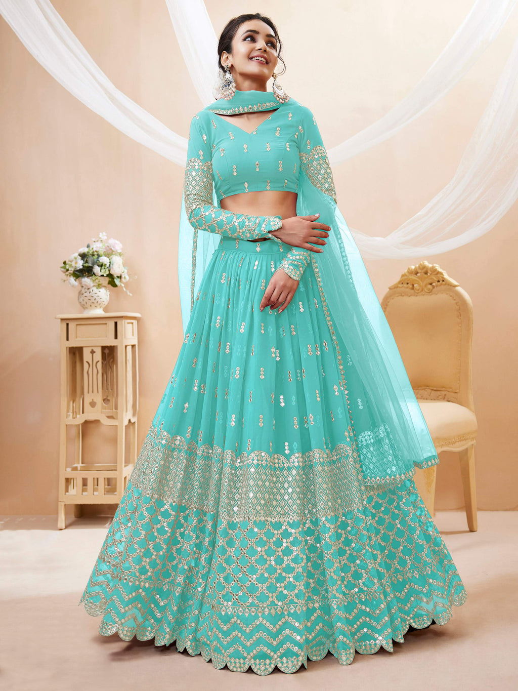 Sky Blue Georgette Sequins & Zari Embroidered Lehenga Choli