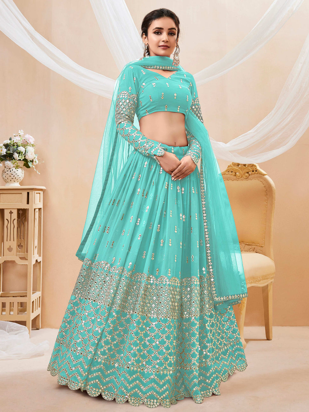 Sky Blue Georgette Sequins & Zari Embroidered Lehenga Choli