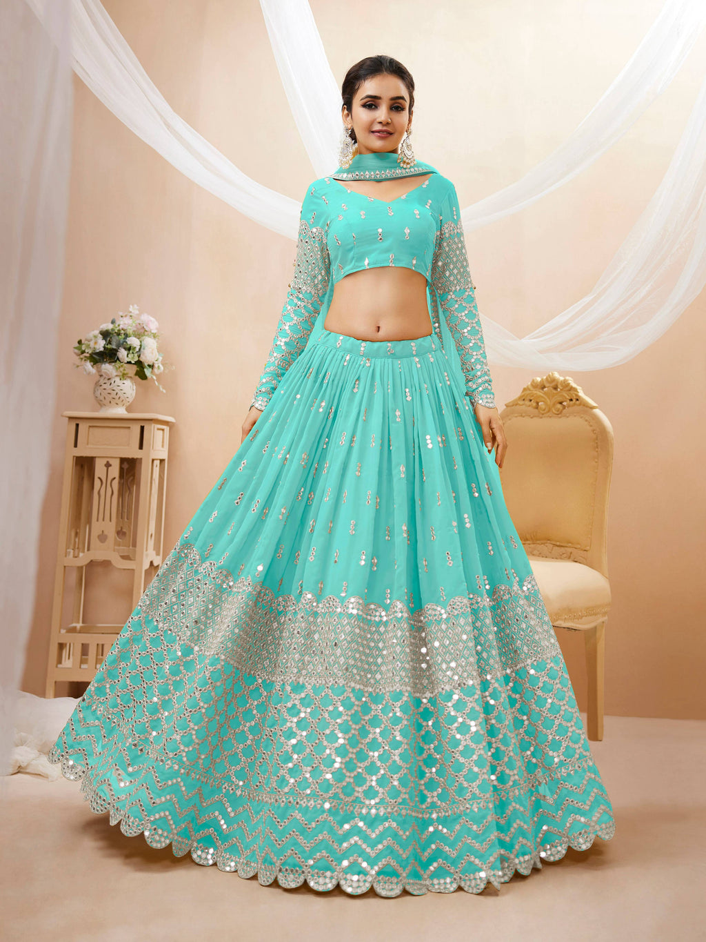 Sky blue georgette lehenga choli with sequins and zari embroidery