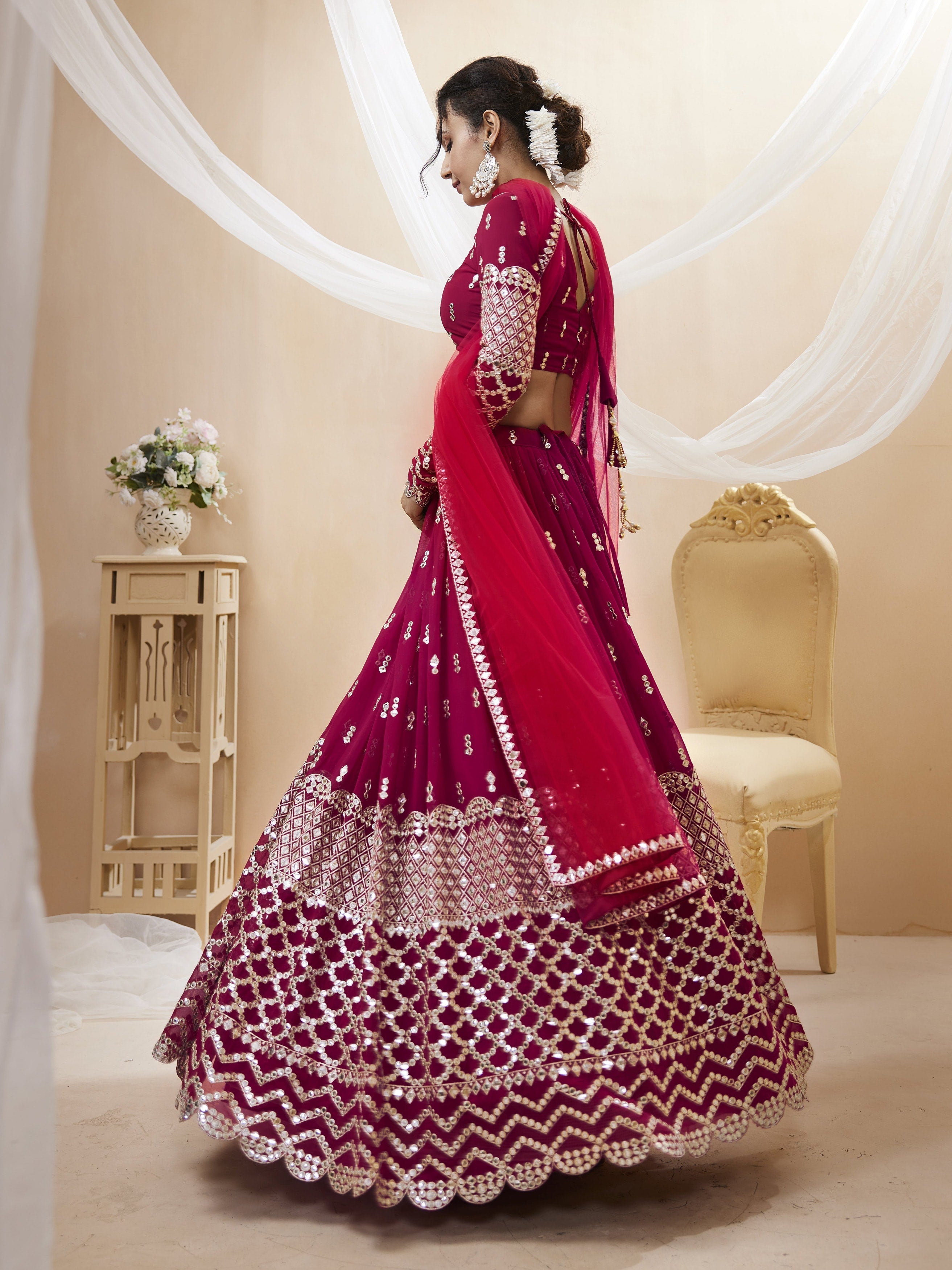 Hot Pink Georgette Sequins Zari Embroidered Lehenga Choli