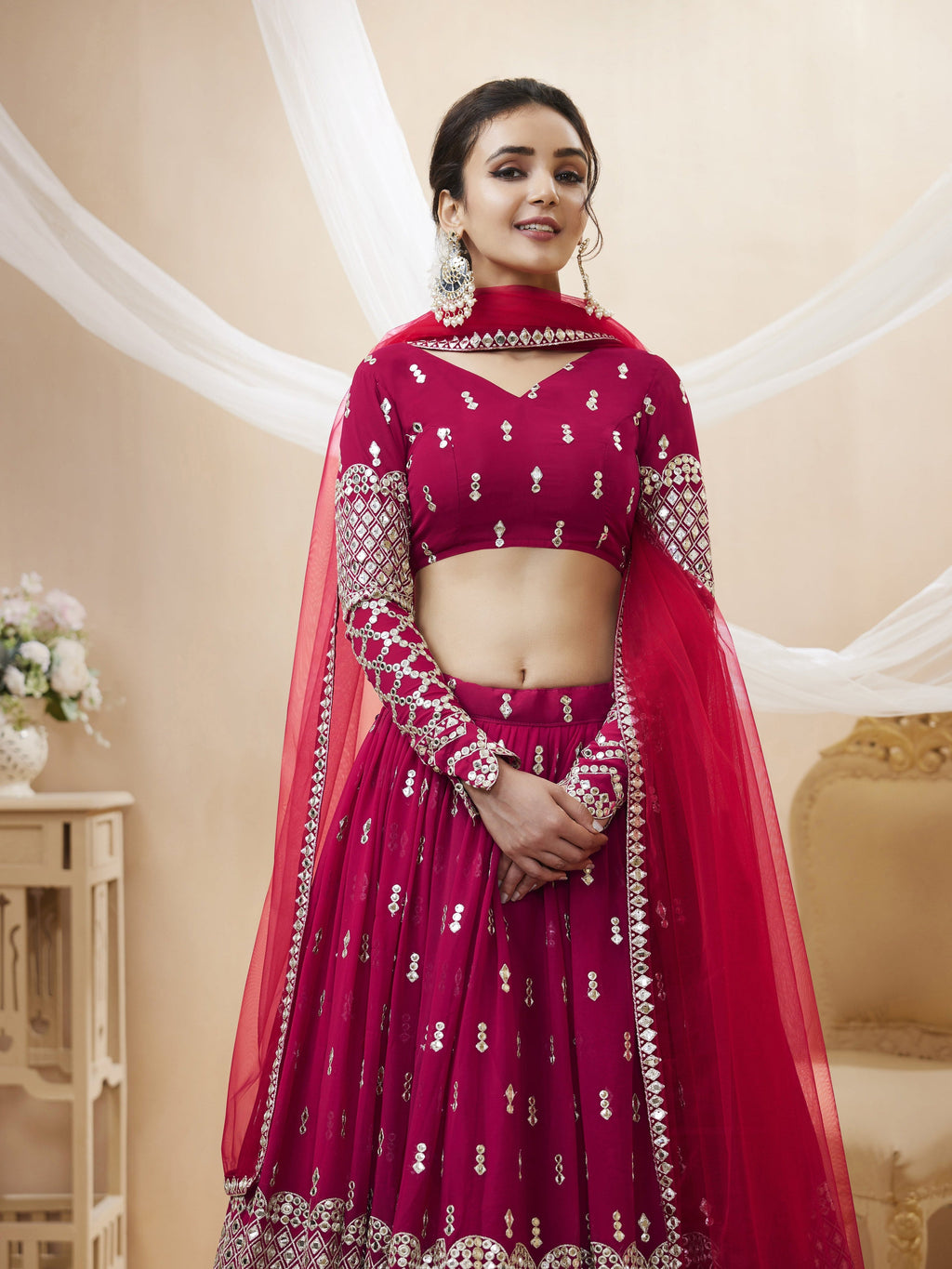 Hot Pink Georgette Sequins Zari Embroidered Lehenga Choli