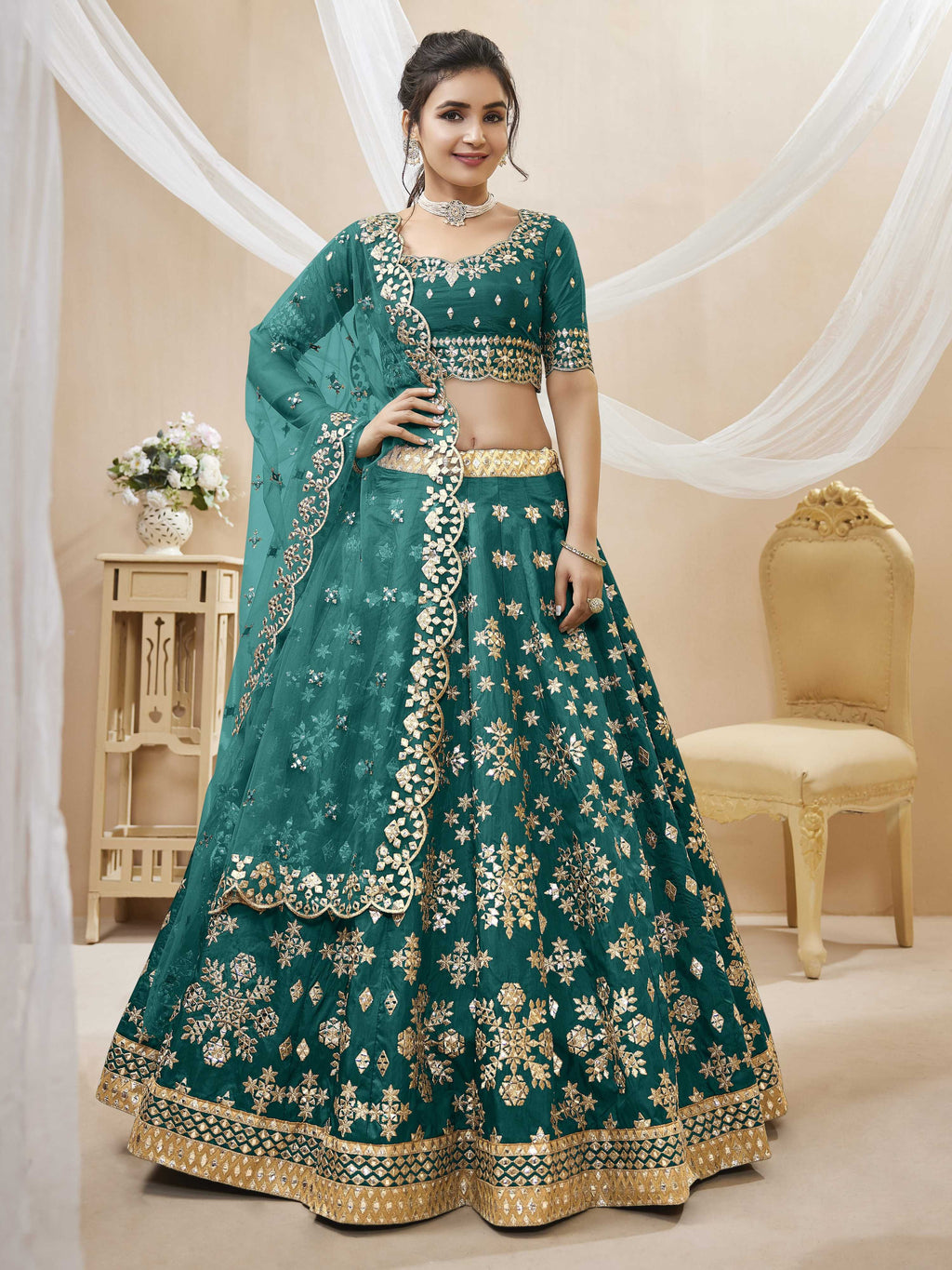 Green art silk lehenga choli with foil and zari embroidery details