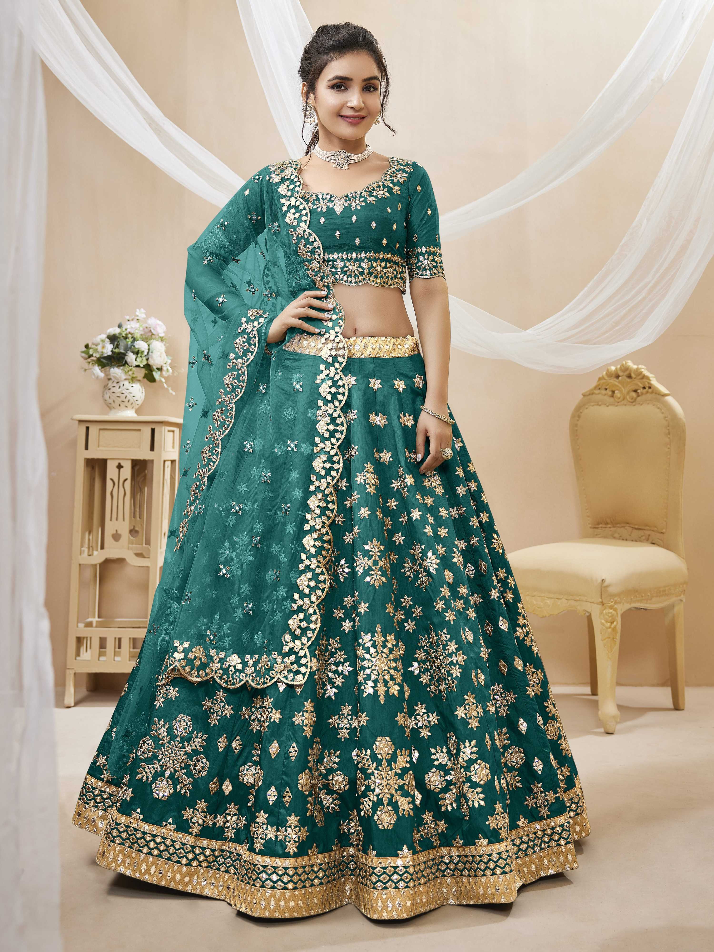Green art silk lehenga choli with foil and zari embroidery details