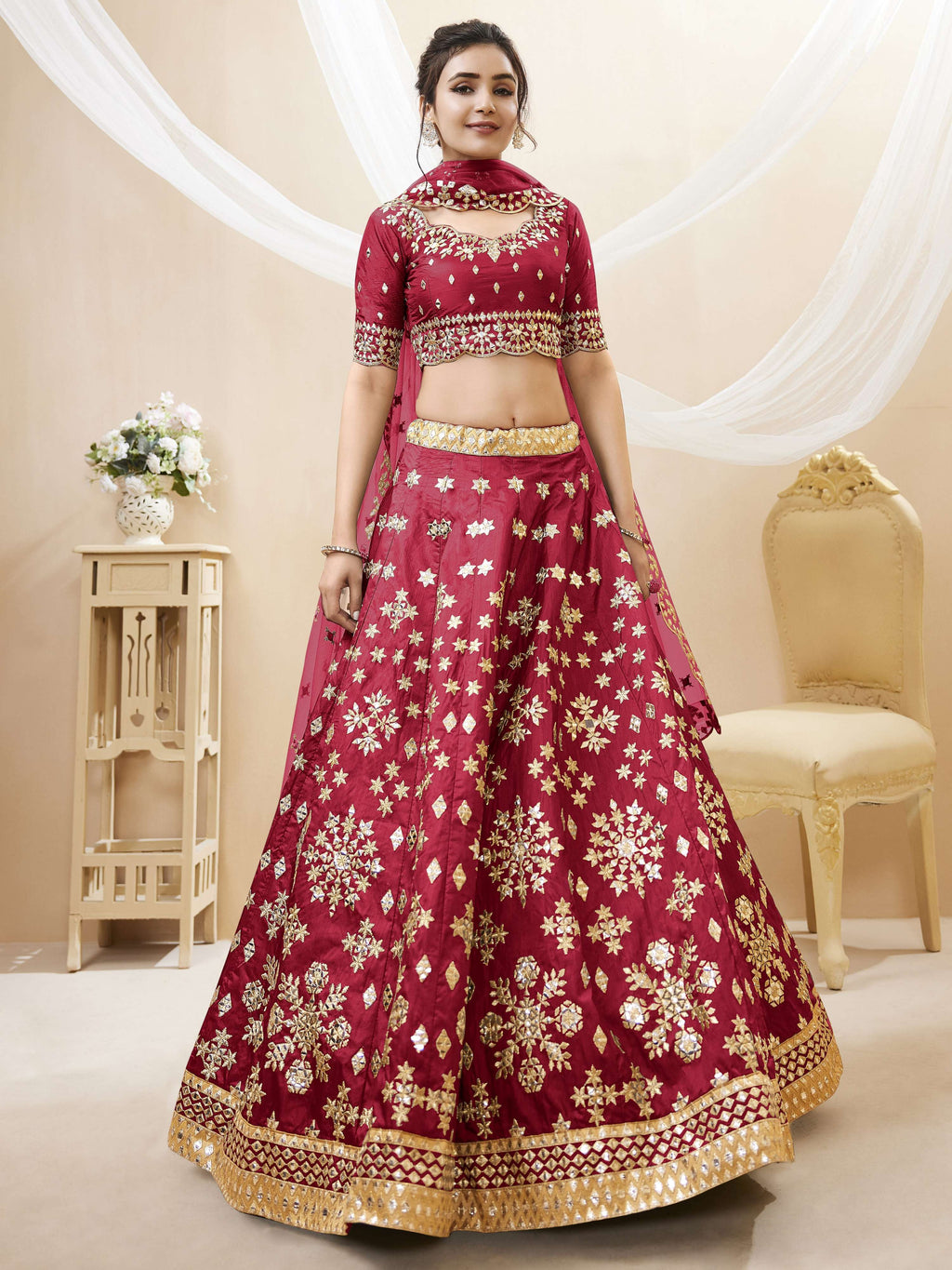 Red Art Silk Sequins Foil & Zari Embroidered Lehenga Choli