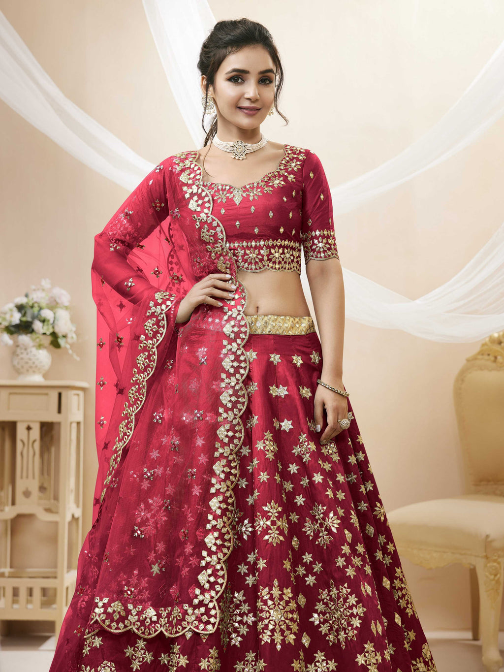 Red Art Silk Sequins Foil & Zari Embroidered Lehenga Choli