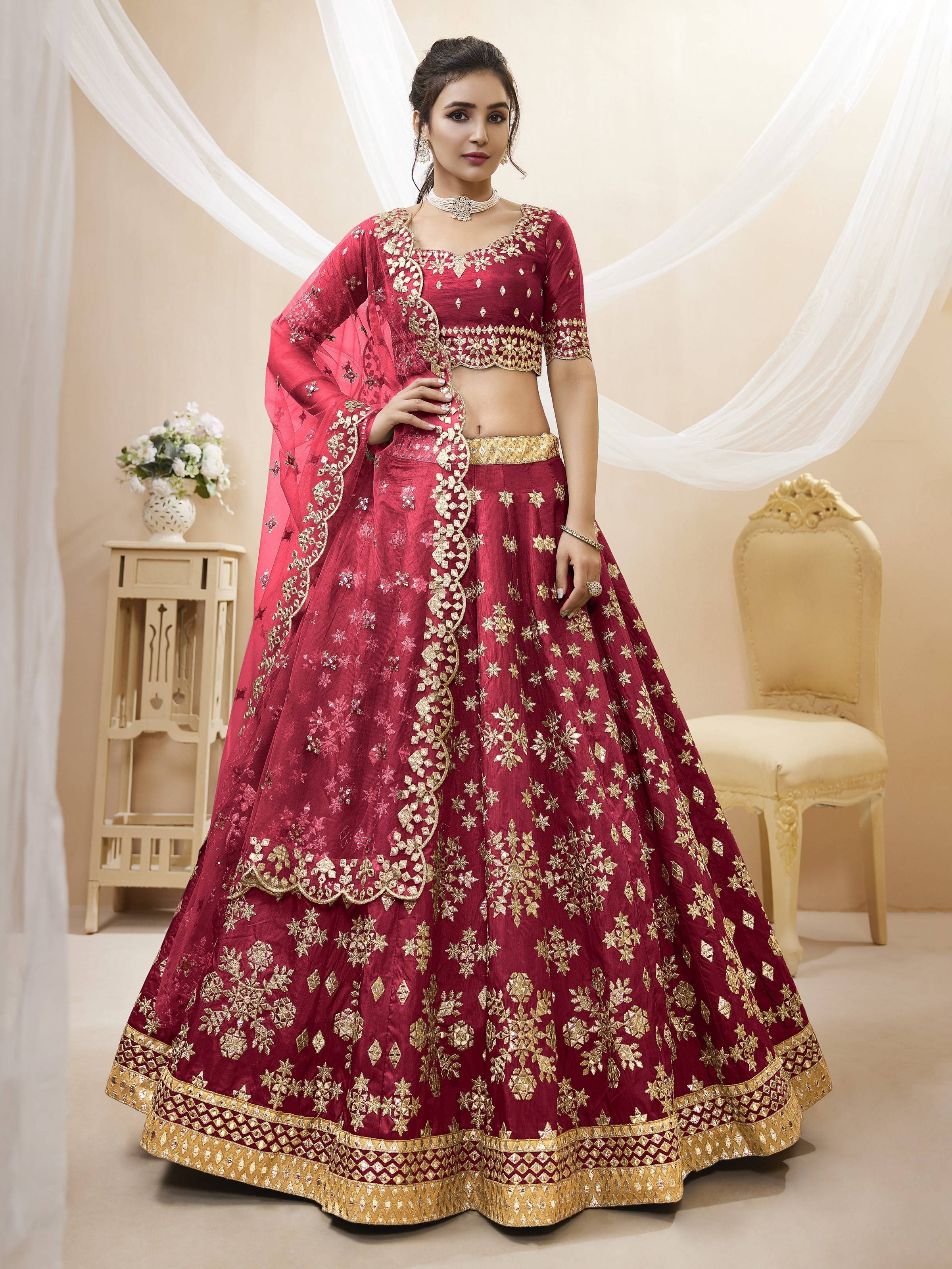 Luxury Red Art Silk lehenga choli with sequin, foil, and zari embroidery
