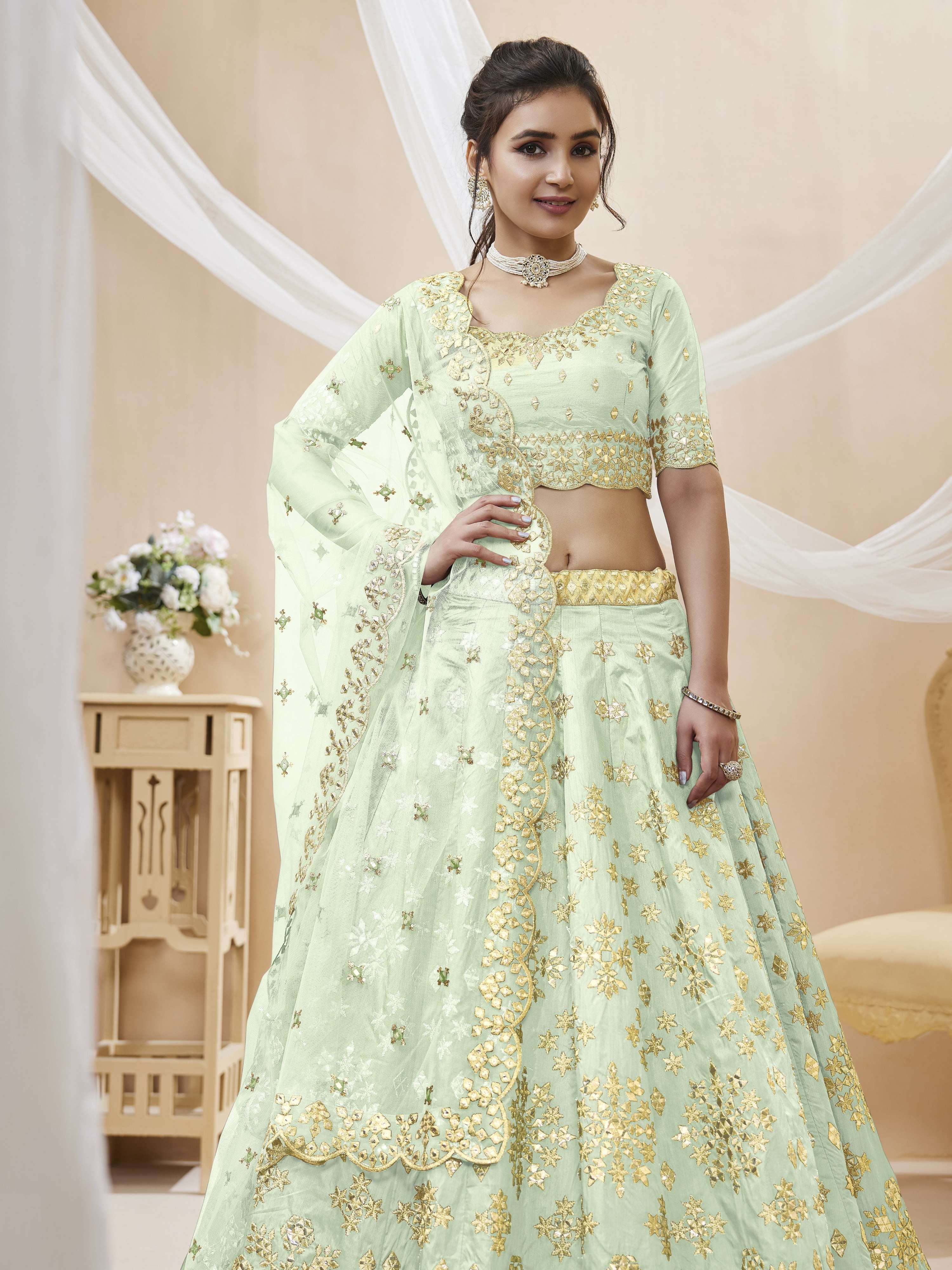 Pista Art Silk Sequins Foil and Zari Embroidered Lehenga Choli