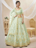 Pista Art Silk lehenga with sequins, foil, and zari embroidery details