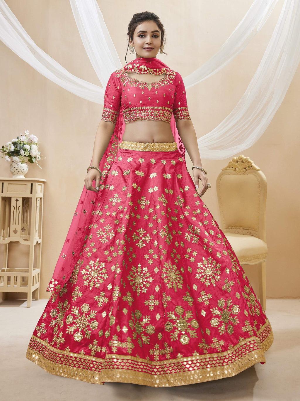 Women's Pink Art Silk Sequins Foil & Zari Embroidered Lehenga Choli