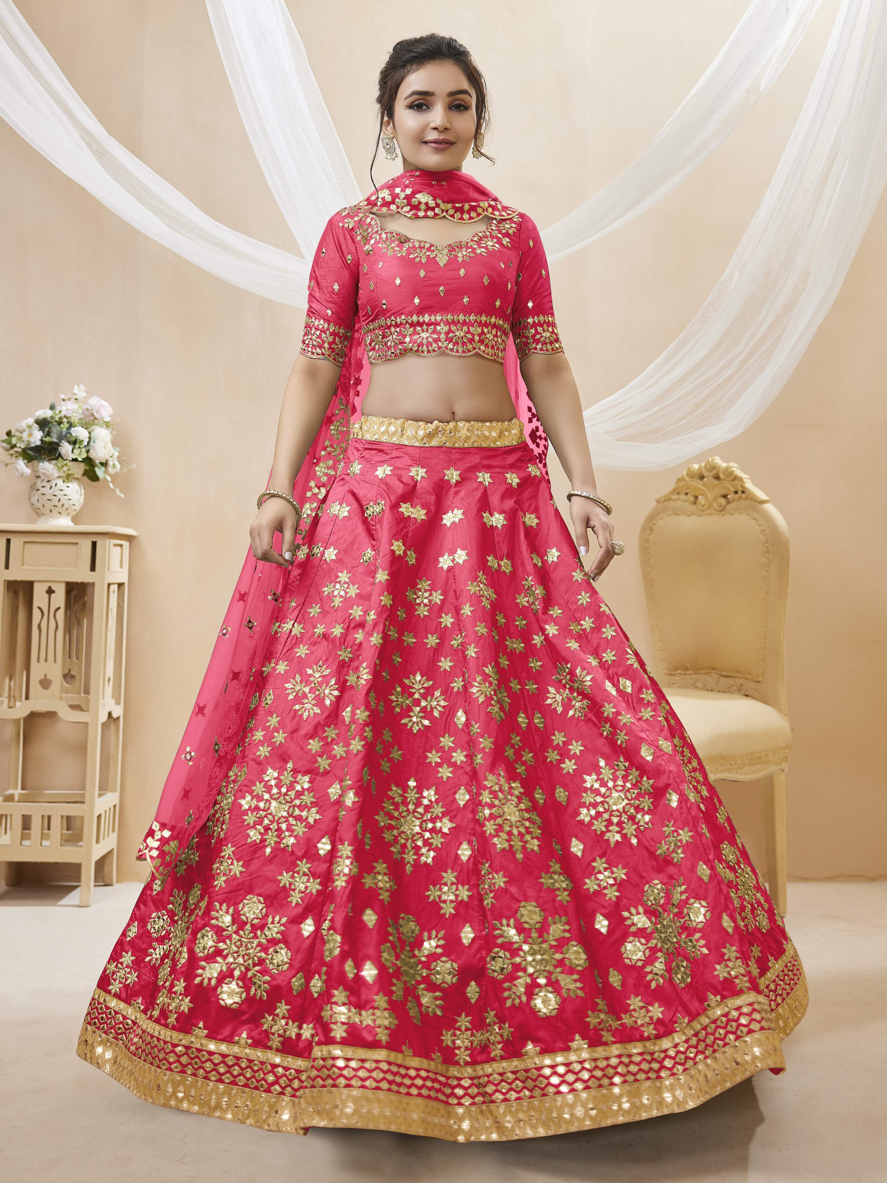 Women's Pink Art Silk Sequins Foil & Zari Embroidered Lehenga Choli