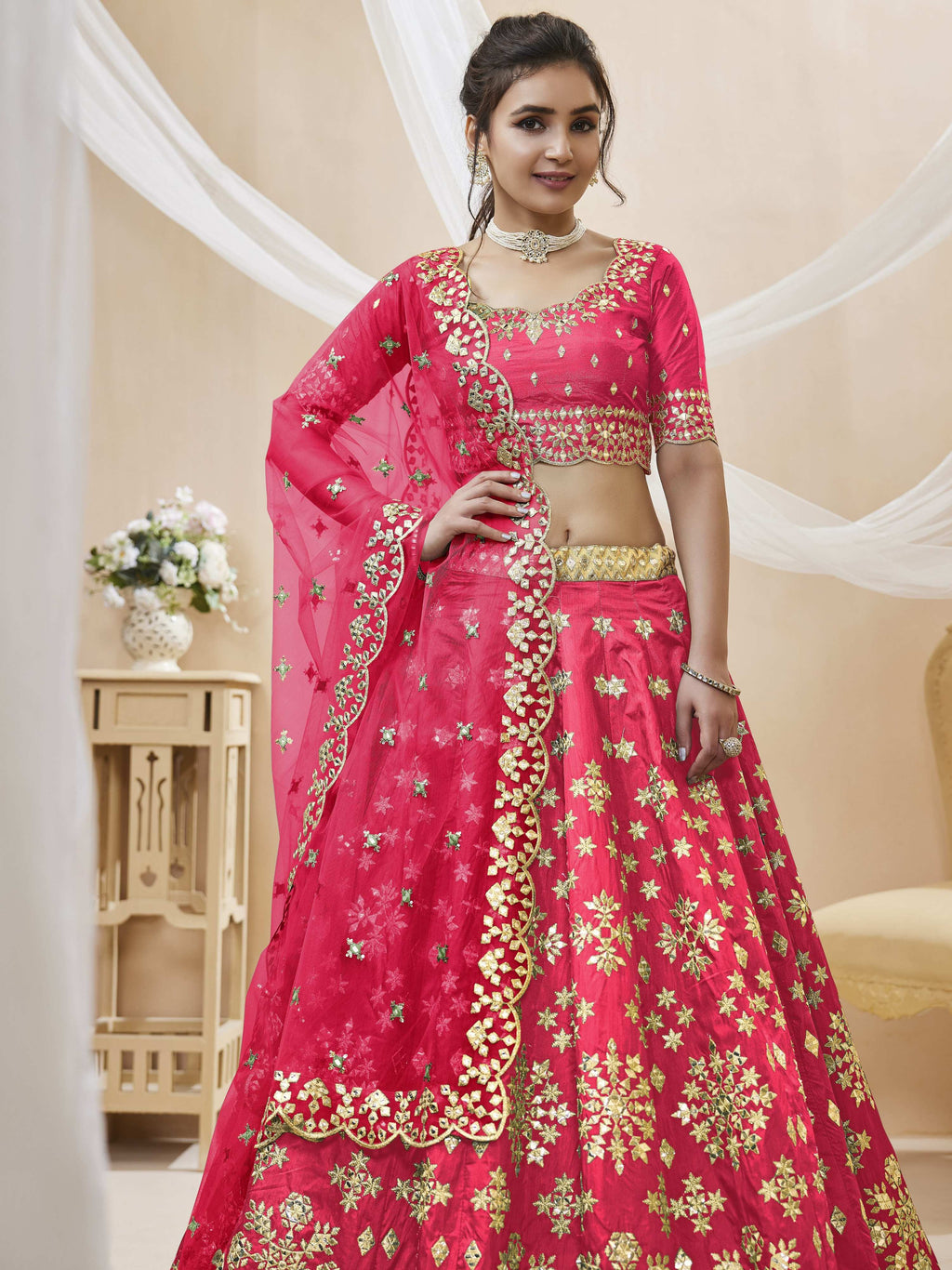 Women's Pink Art Silk Sequins Foil & Zari Embroidered Lehenga Choli