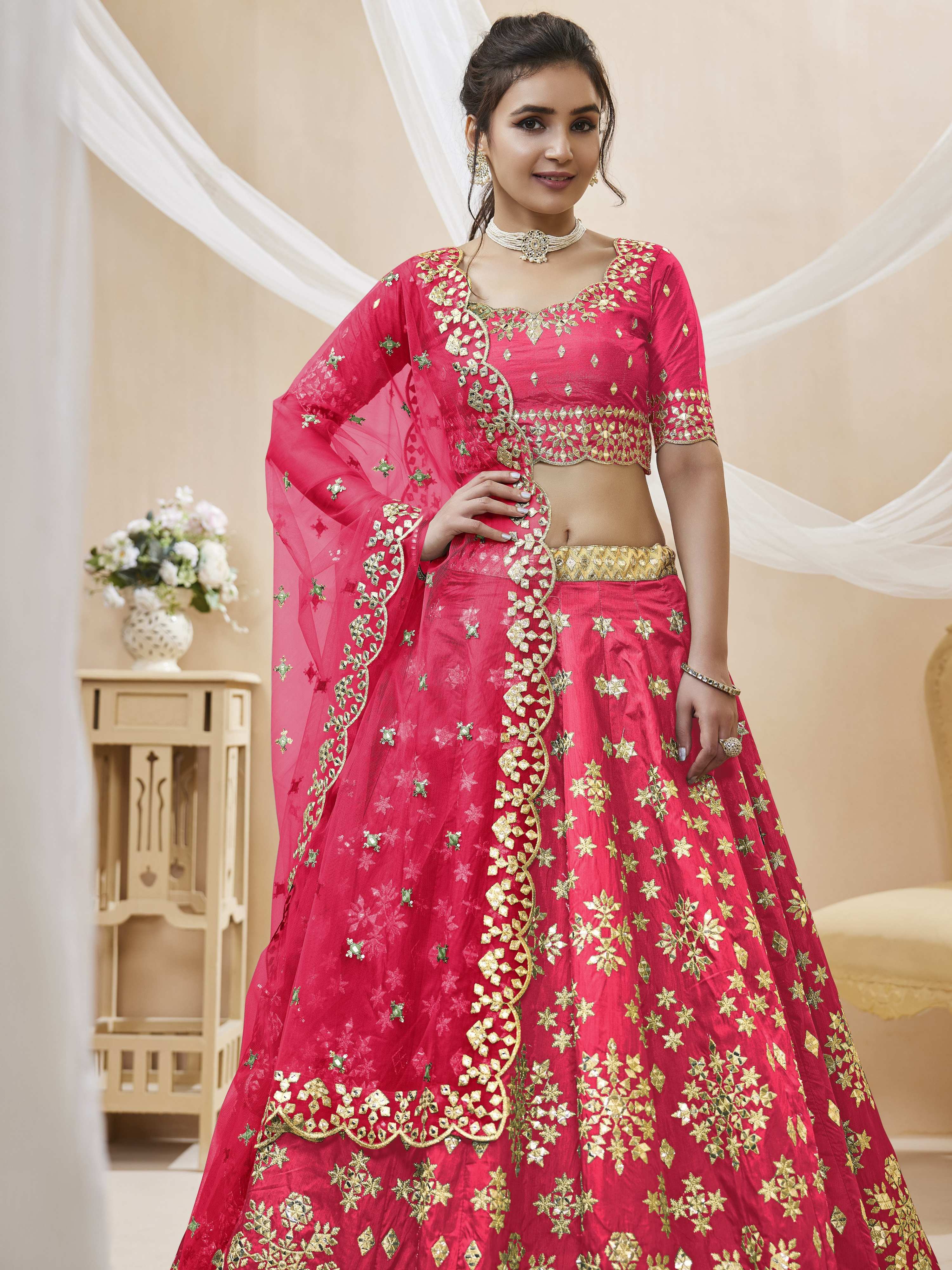 Women's Pink Art Silk Sequins Foil & Zari Embroidered Lehenga Choli
