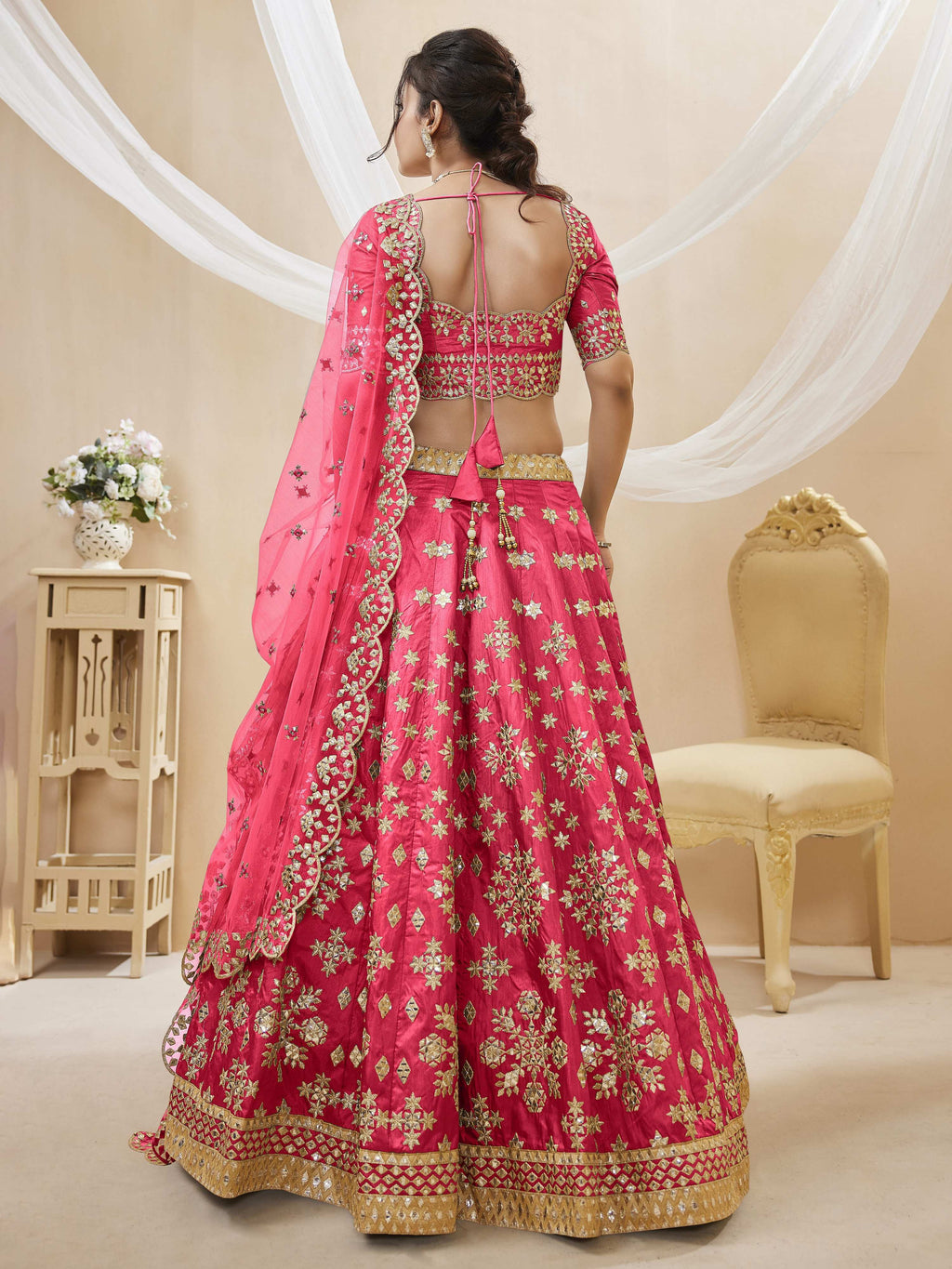 Women's Pink Art Silk Sequins Foil & Zari Embroidered Lehenga Choli