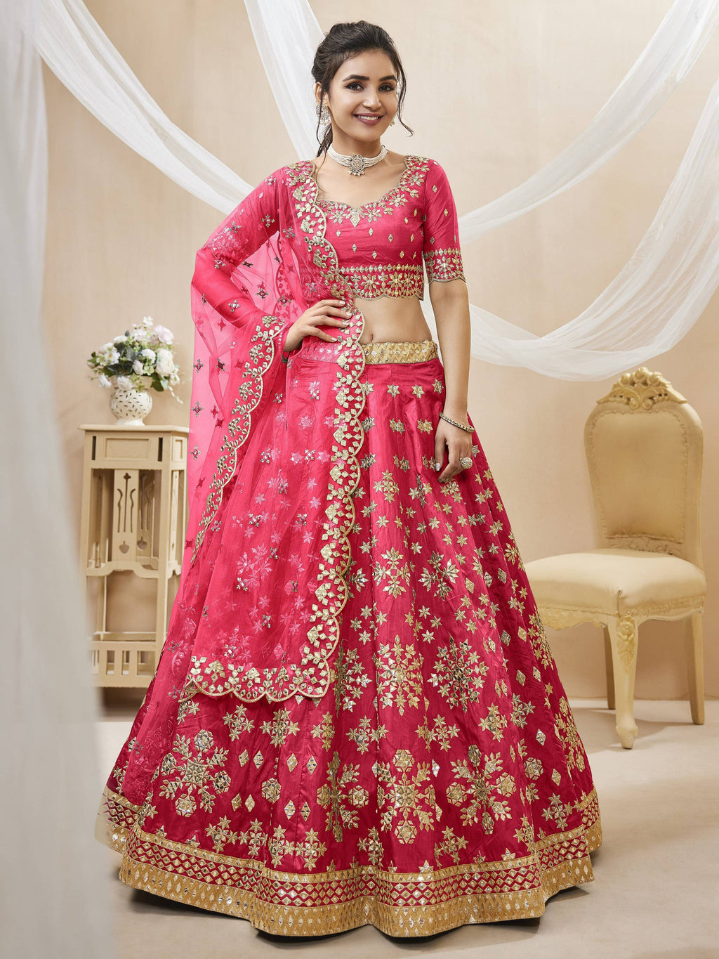 Pink art silk lehenga choli with detailed sequins, foil, and zari work