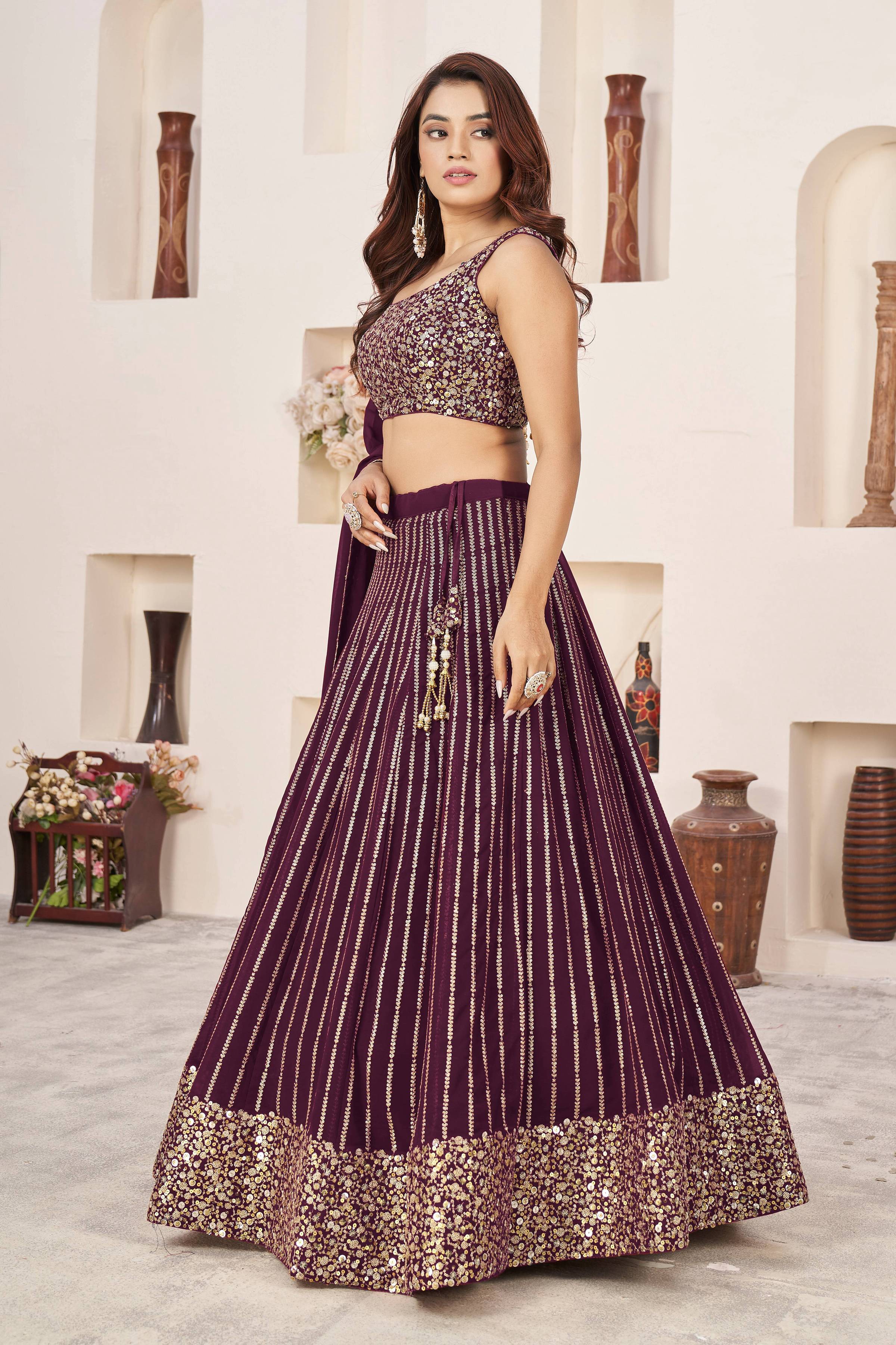 Wine Georgette Sequins and Zari Embroidered Lehenga Choli Set
