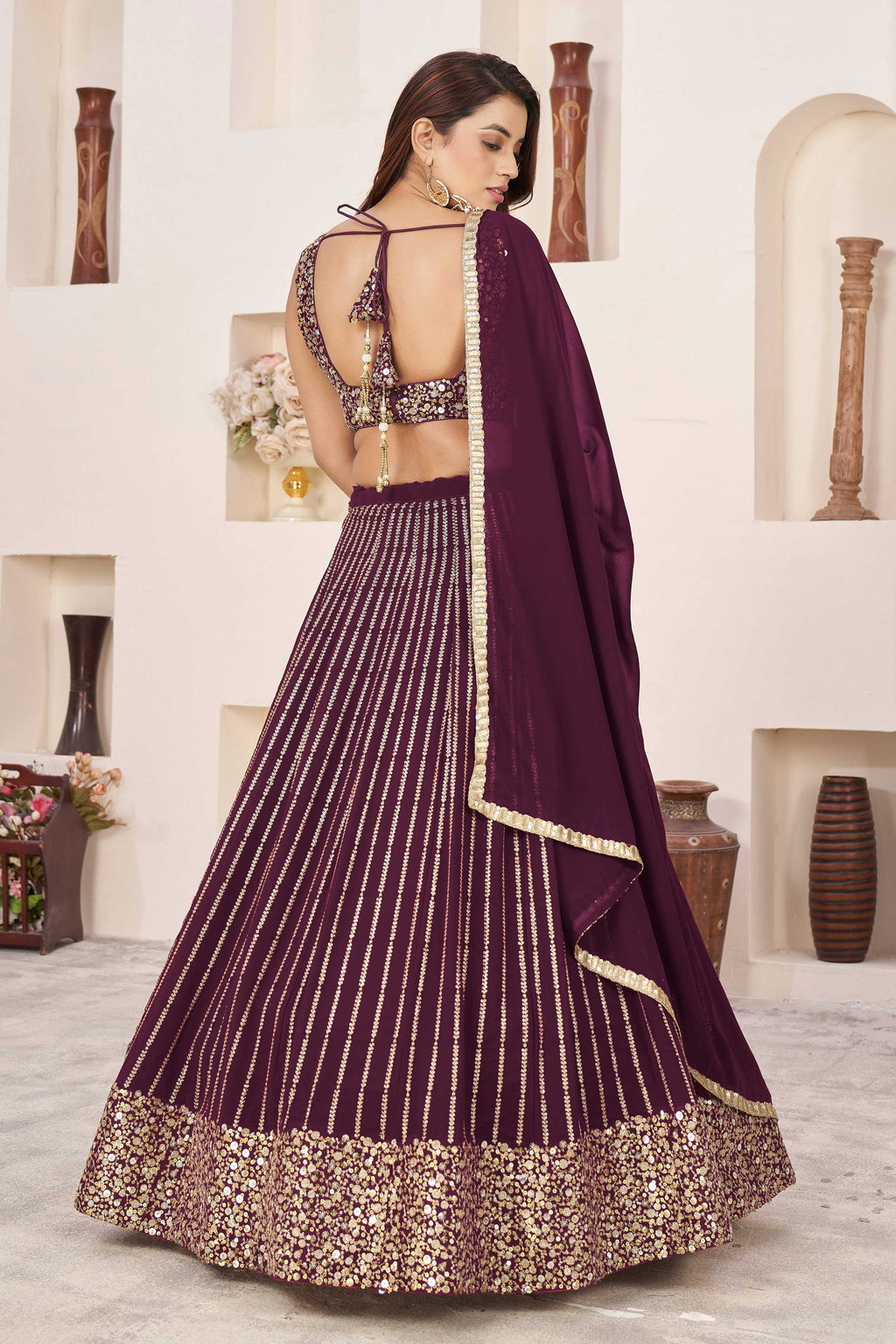 Wine Georgette Sequins and Zari Embroidered Lehenga Choli Set
