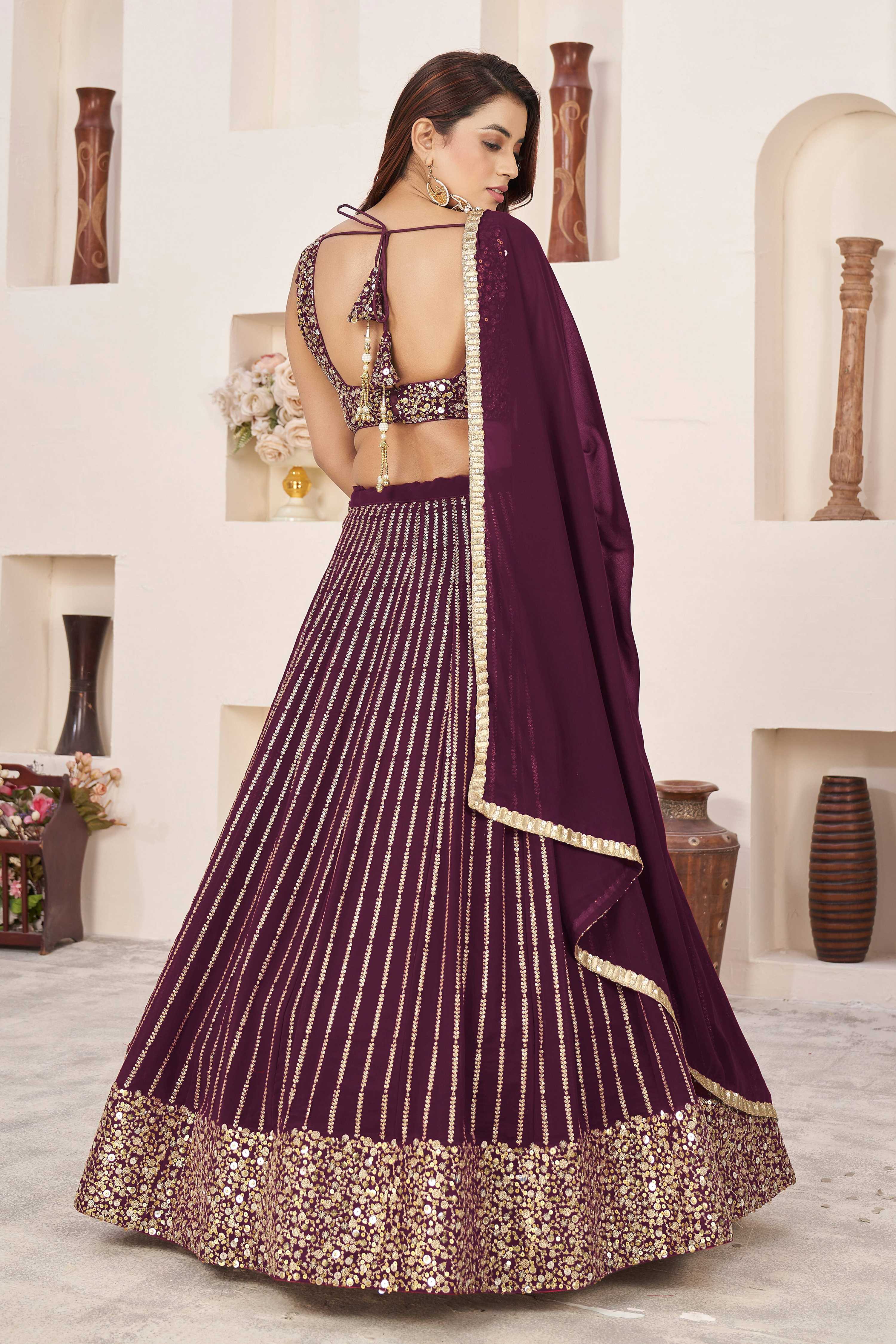 Wine Georgette Sequins and Zari Embroidered Lehenga Choli Set