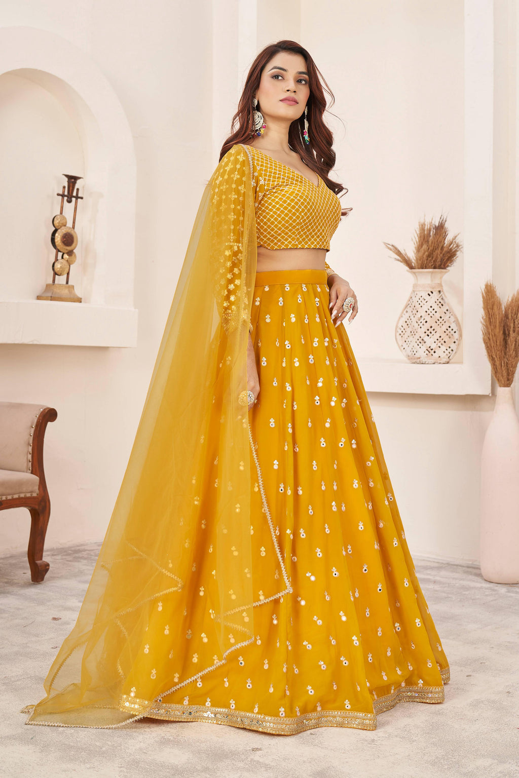 Yellow Georgette Lehenga Choli with Multi-Color Thread Embroidery