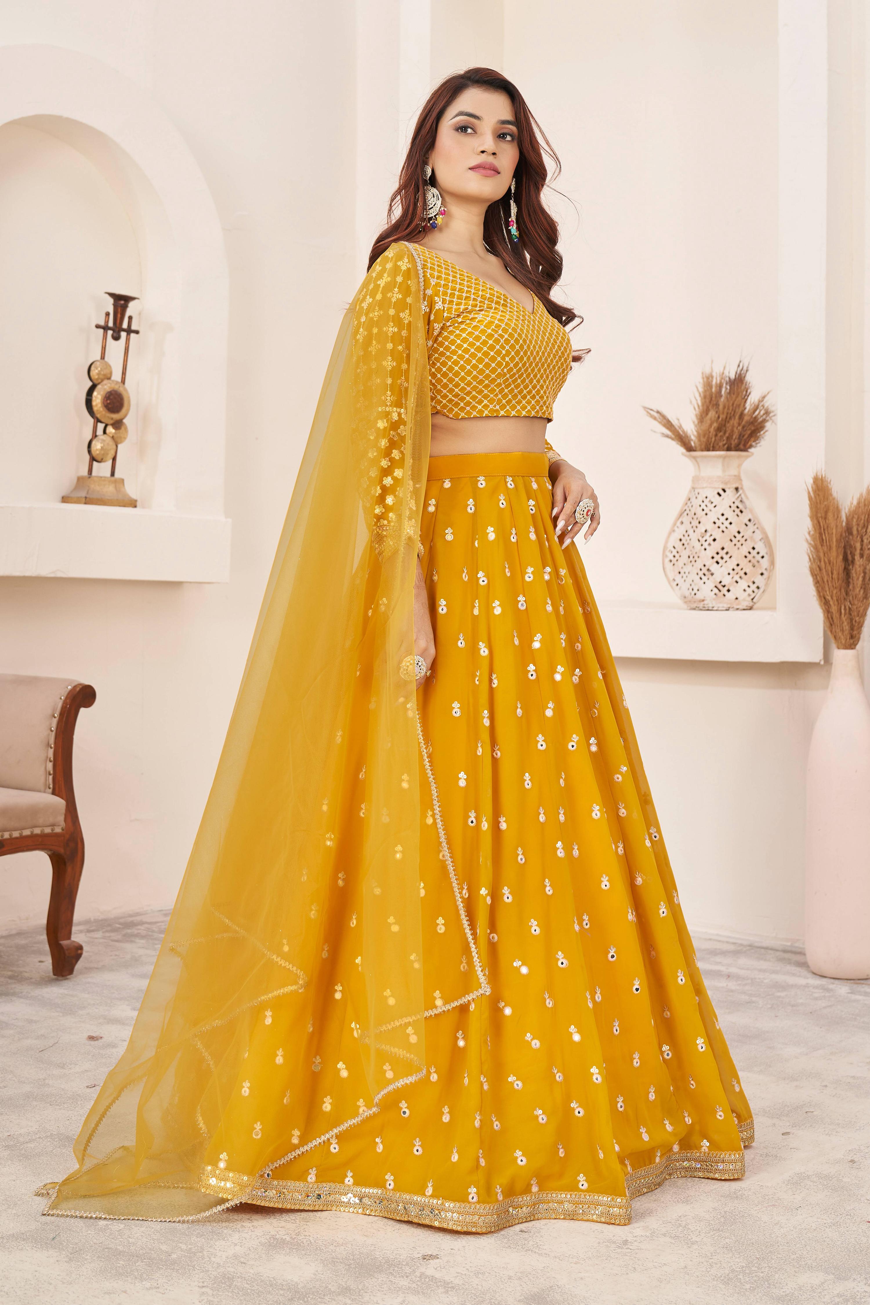 Yellow Georgette Lehenga Choli with Multi-Color Thread Embroidery
