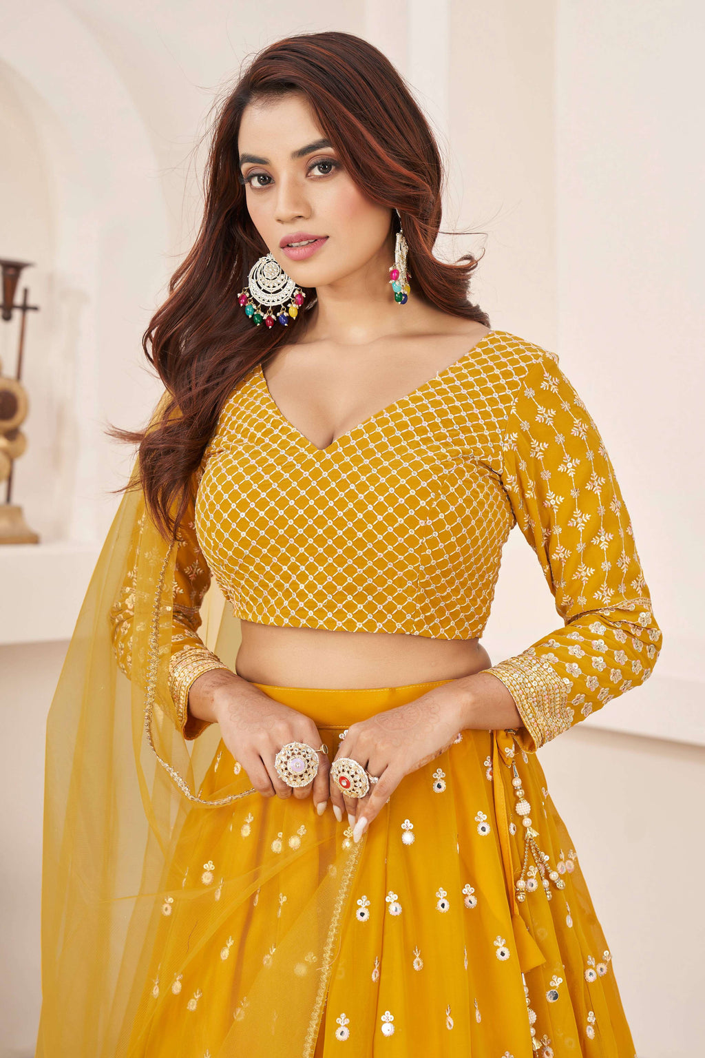 Yellow Georgette Lehenga Choli with Multi-Color Thread Embroidery