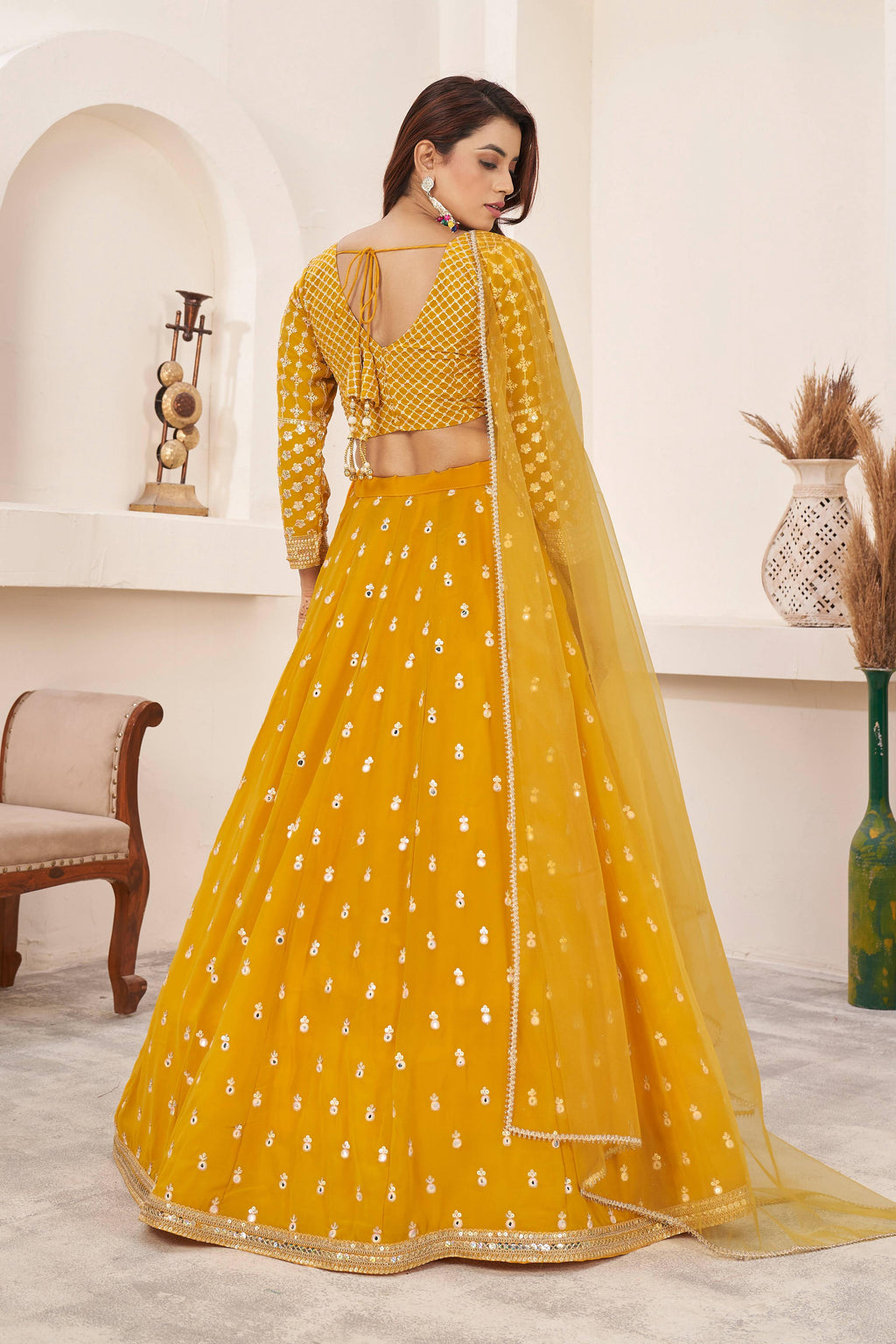 Yellow Georgette Lehenga Choli with Multi-Color Thread Embroidery