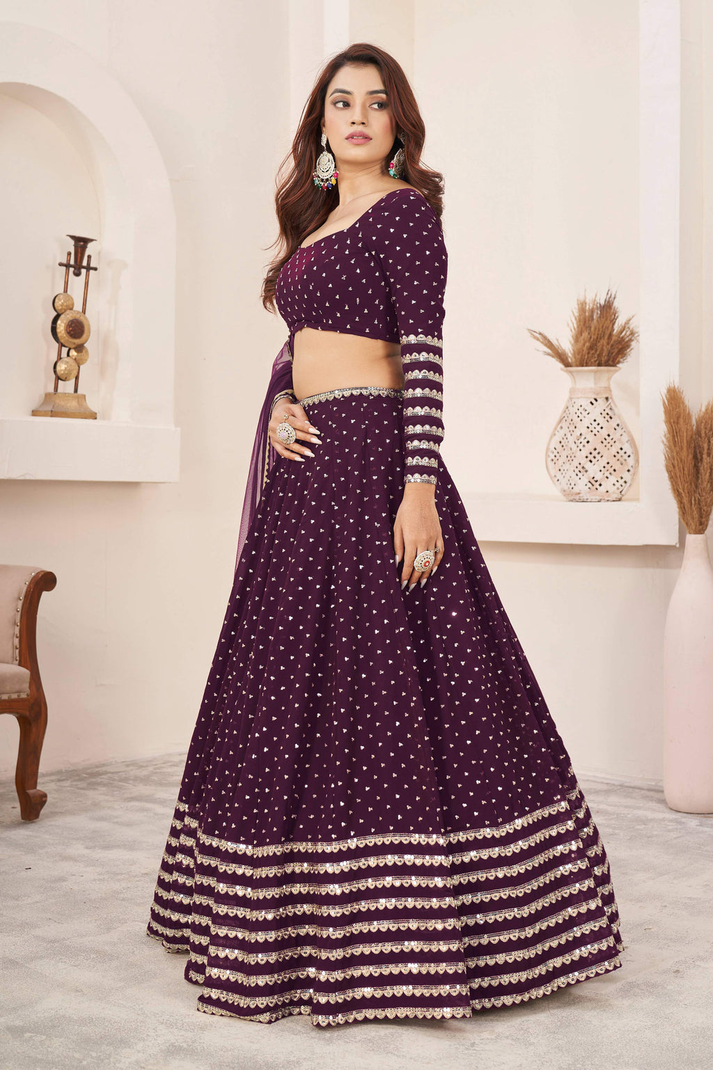 Women's Wine Georgette Lehenga Choli with Sequins Zari Embroidery