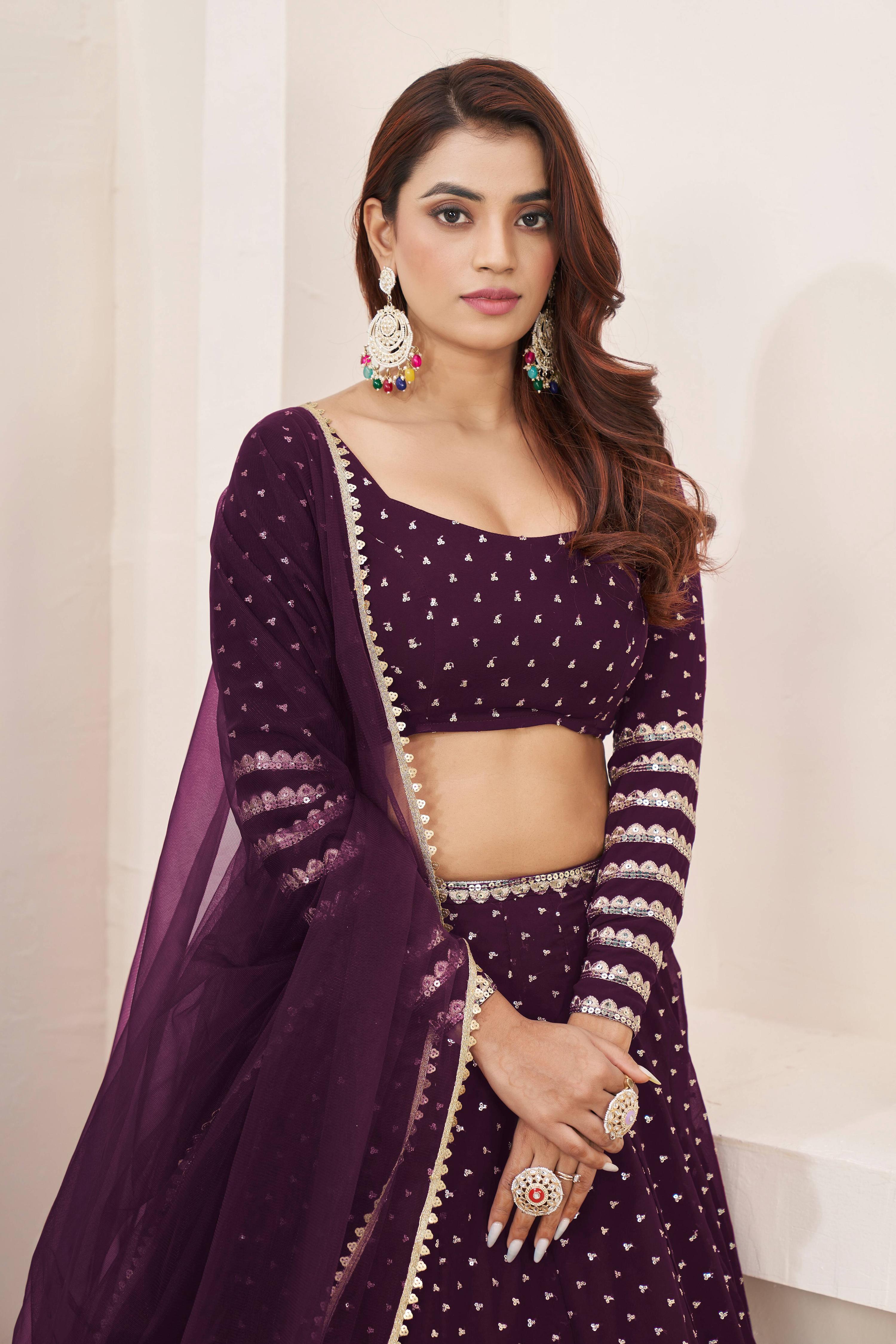 Women's Wine Georgette Lehenga Choli with Sequins Zari Embroidery