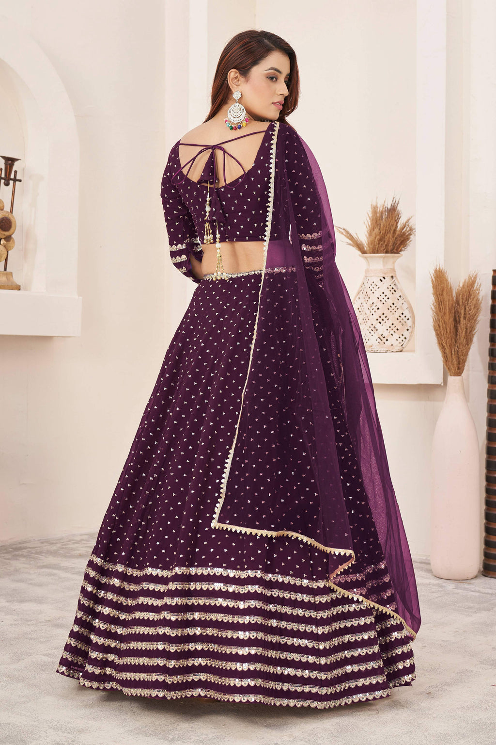 Women's Wine Georgette Lehenga Choli with Sequins Zari Embroidery