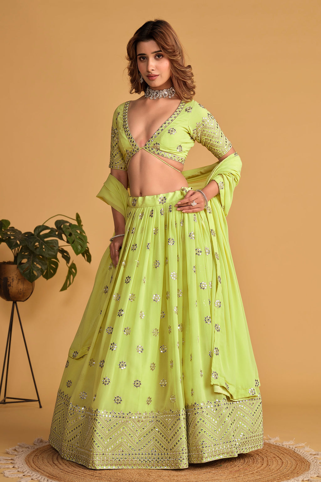 Neon Green Georgette Sequins Zari Embroidered Lehenga Choli Set