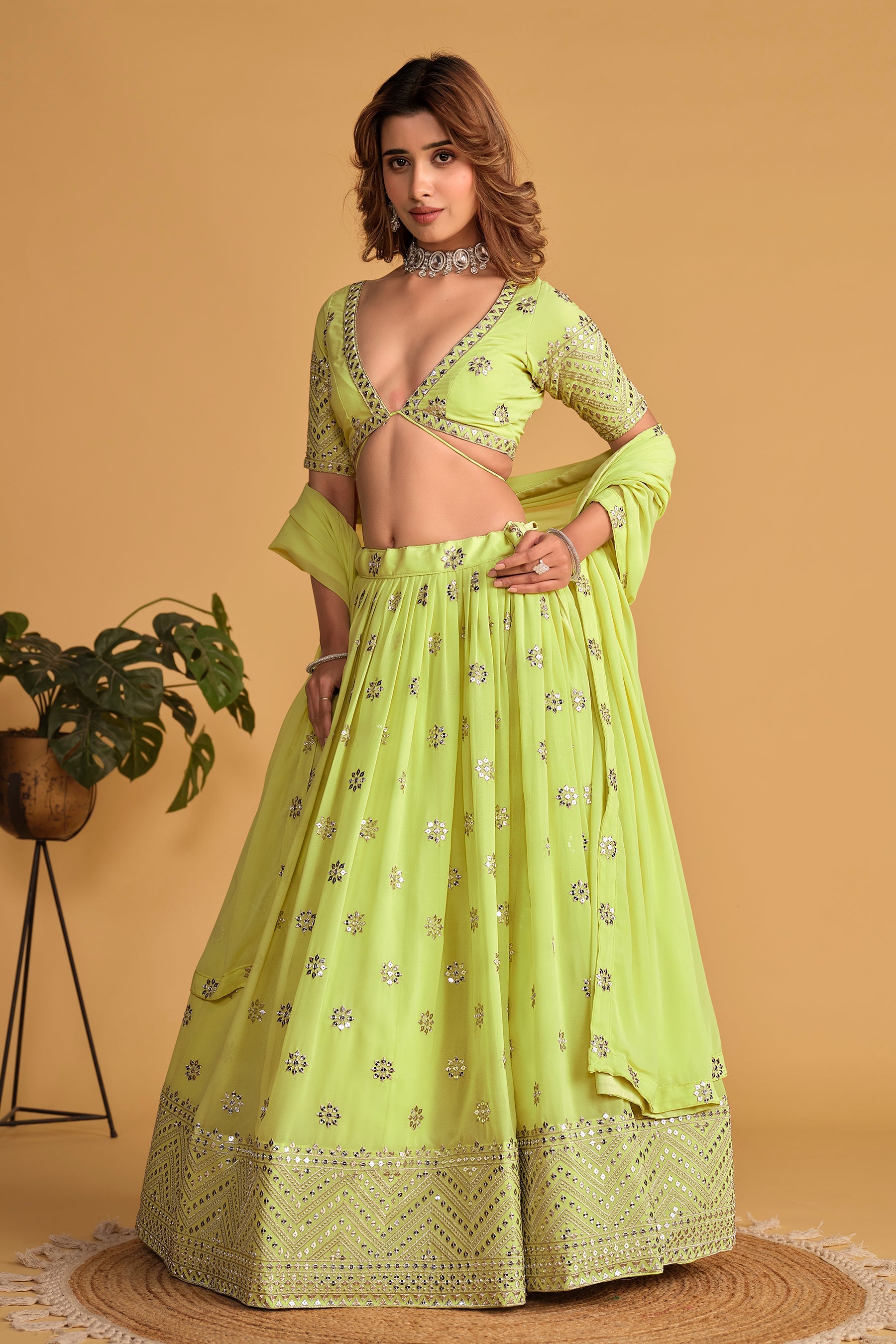 Neon Green Georgette Sequins Zari Embroidered Lehenga Choli Set