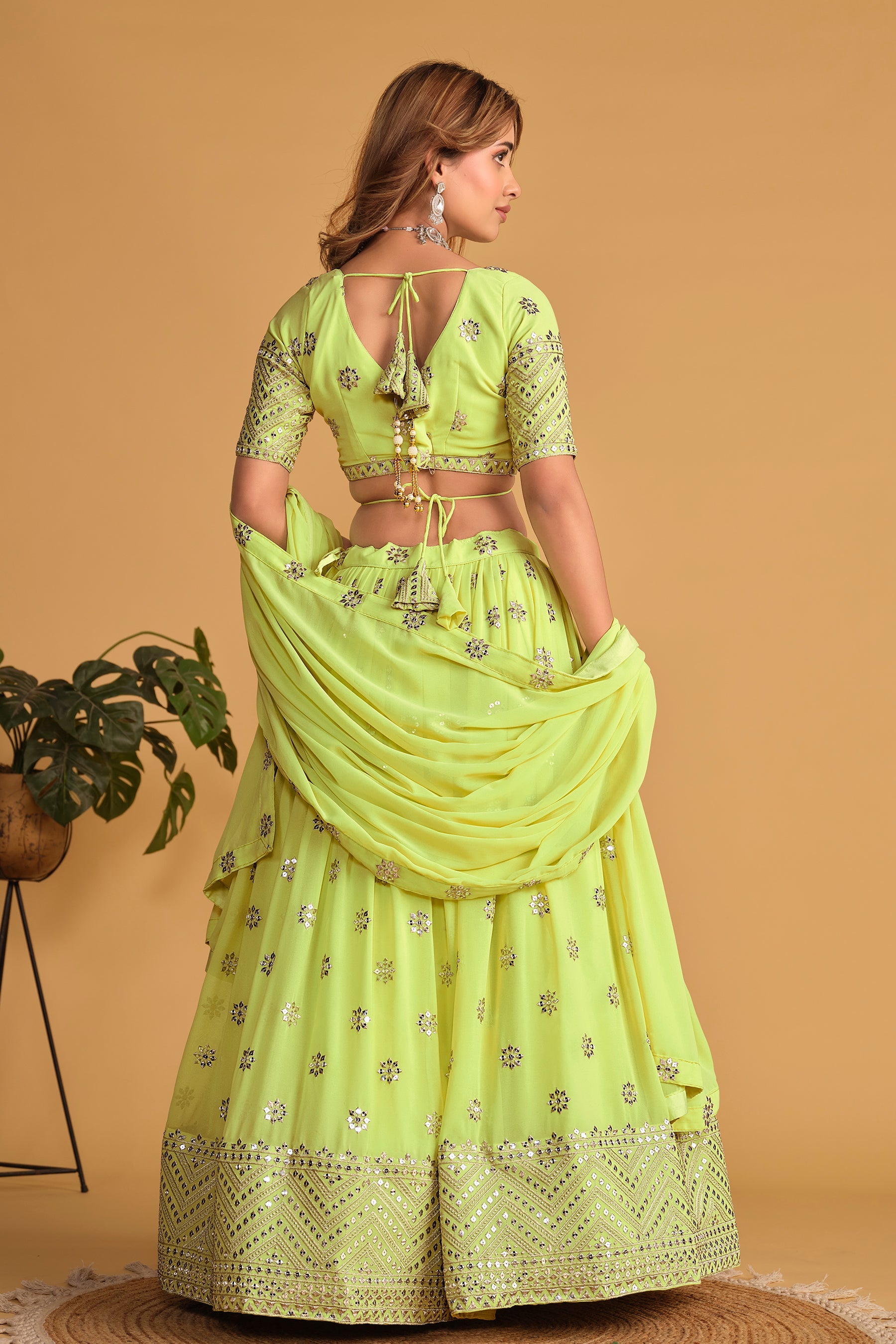 Neon Green Georgette Sequins Zari Embroidered Lehenga Choli Set