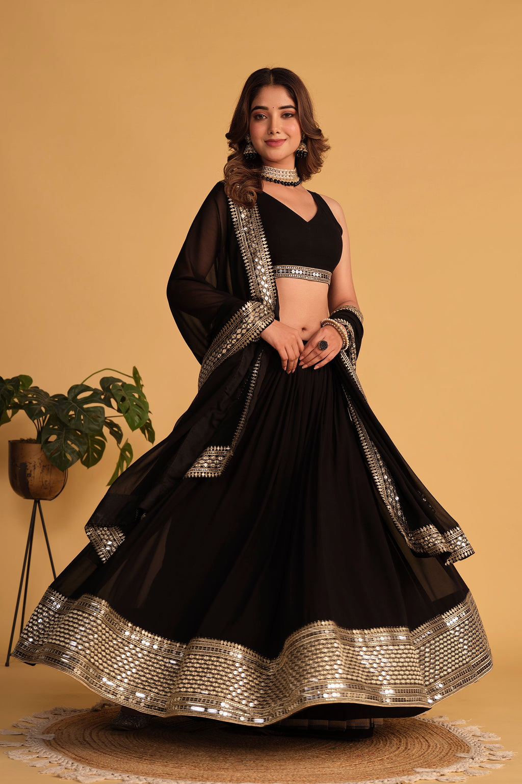 Black Georgette Lehenga Choli with Sequins and Zari Embroidery