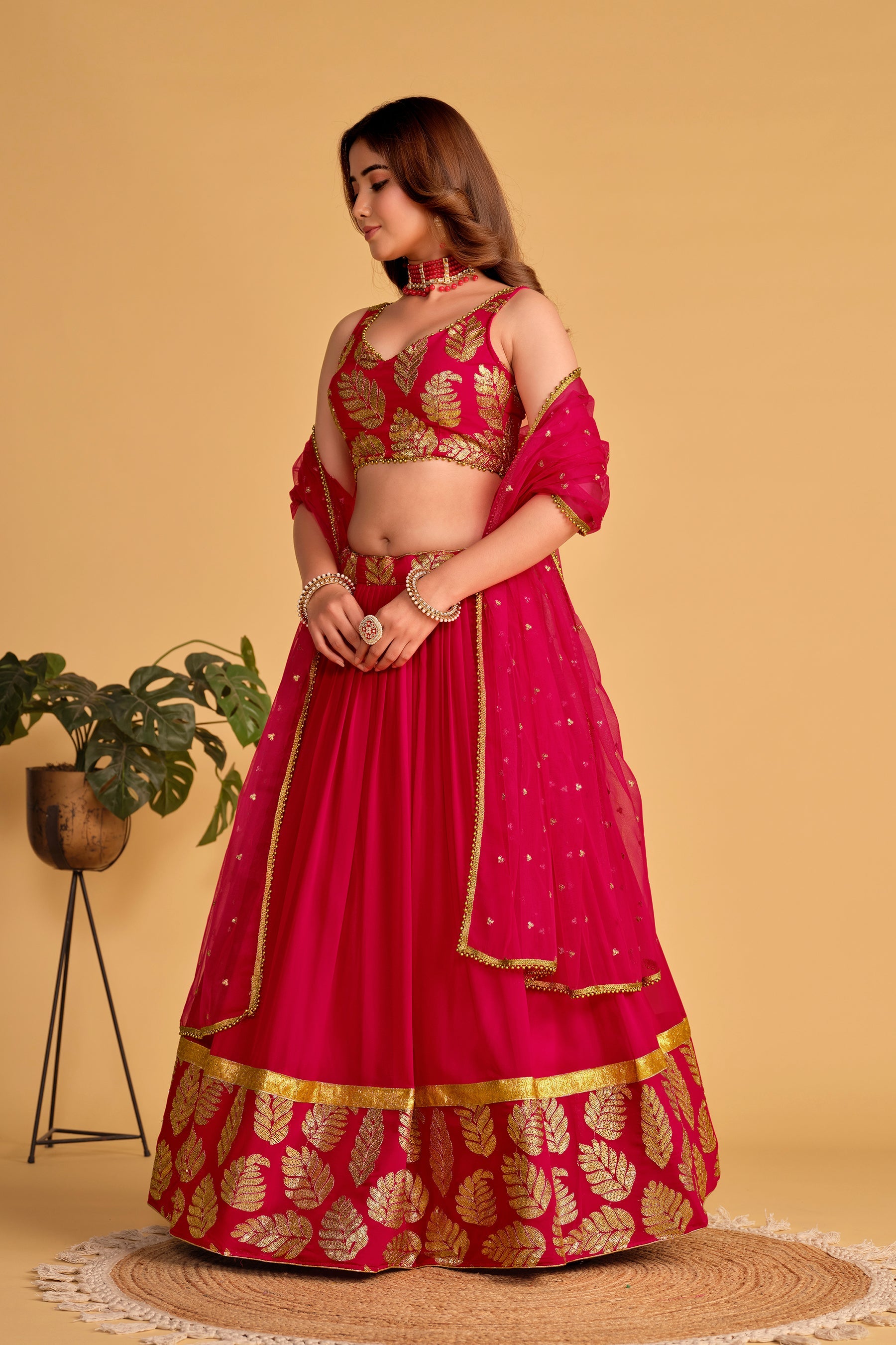 Women's Pink Georgette Lehenga Choli with Sequins Zari Embroidery