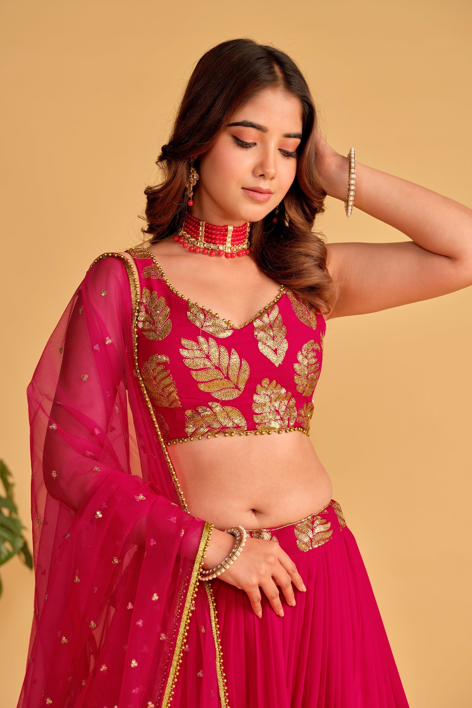 Women's Pink Georgette Lehenga Choli with Sequins Zari Embroidery
