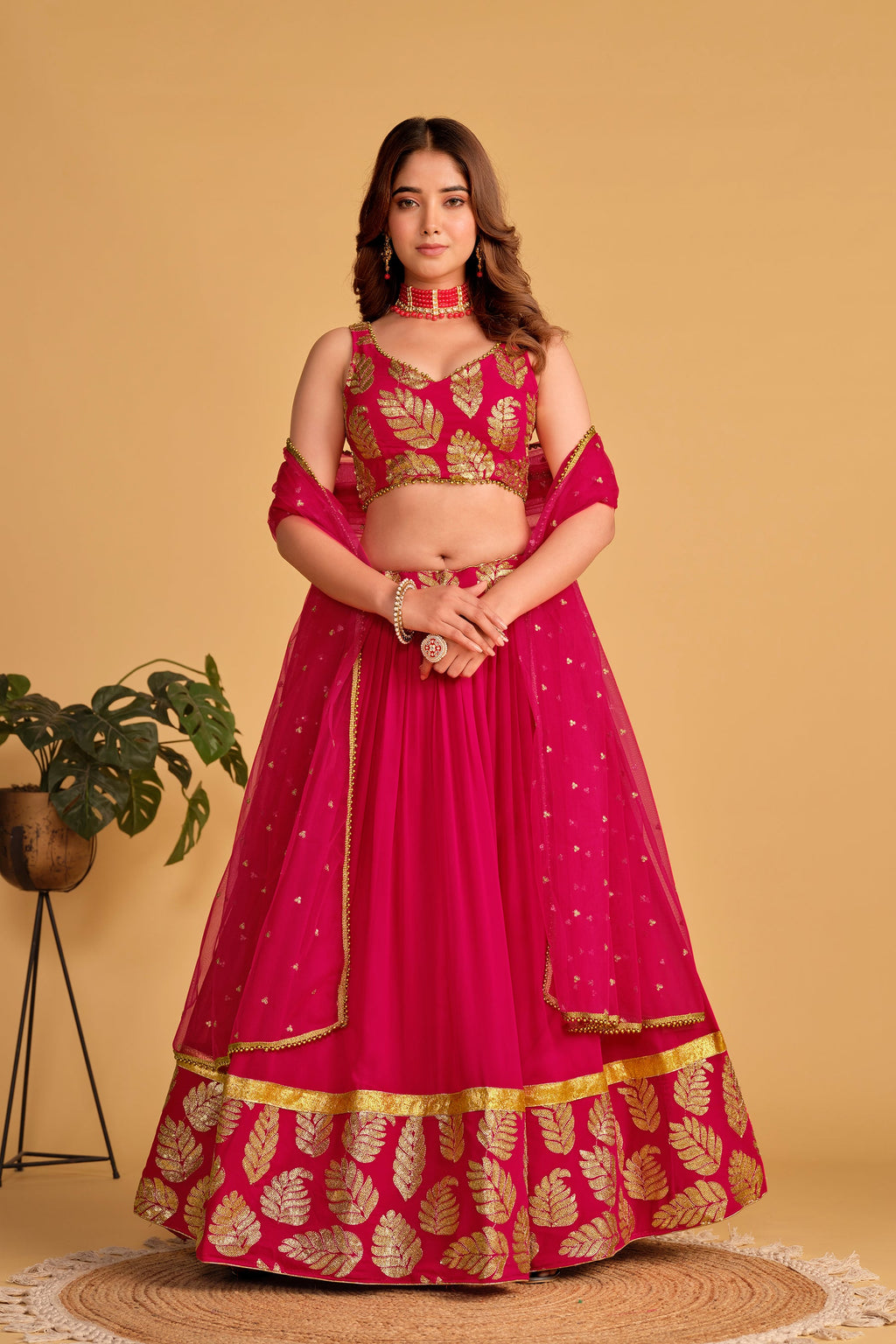 Pink georgette lehenga choli with sequins and zari embroidery