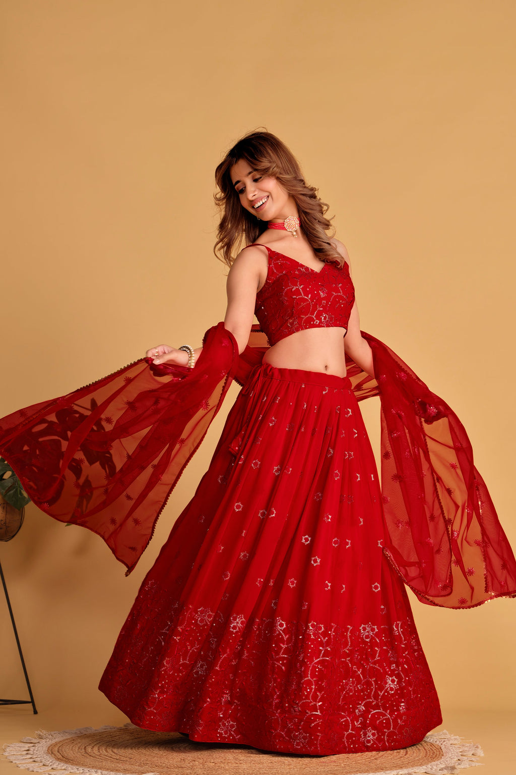 Women's Red Georgette Sequins Thread Embroidered Lehenga