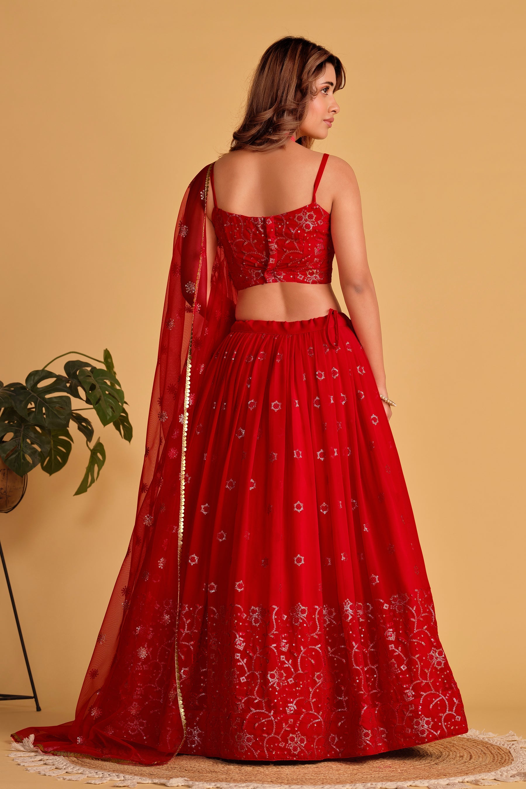 Women's Red Georgette Sequins Thread Embroidered Lehenga